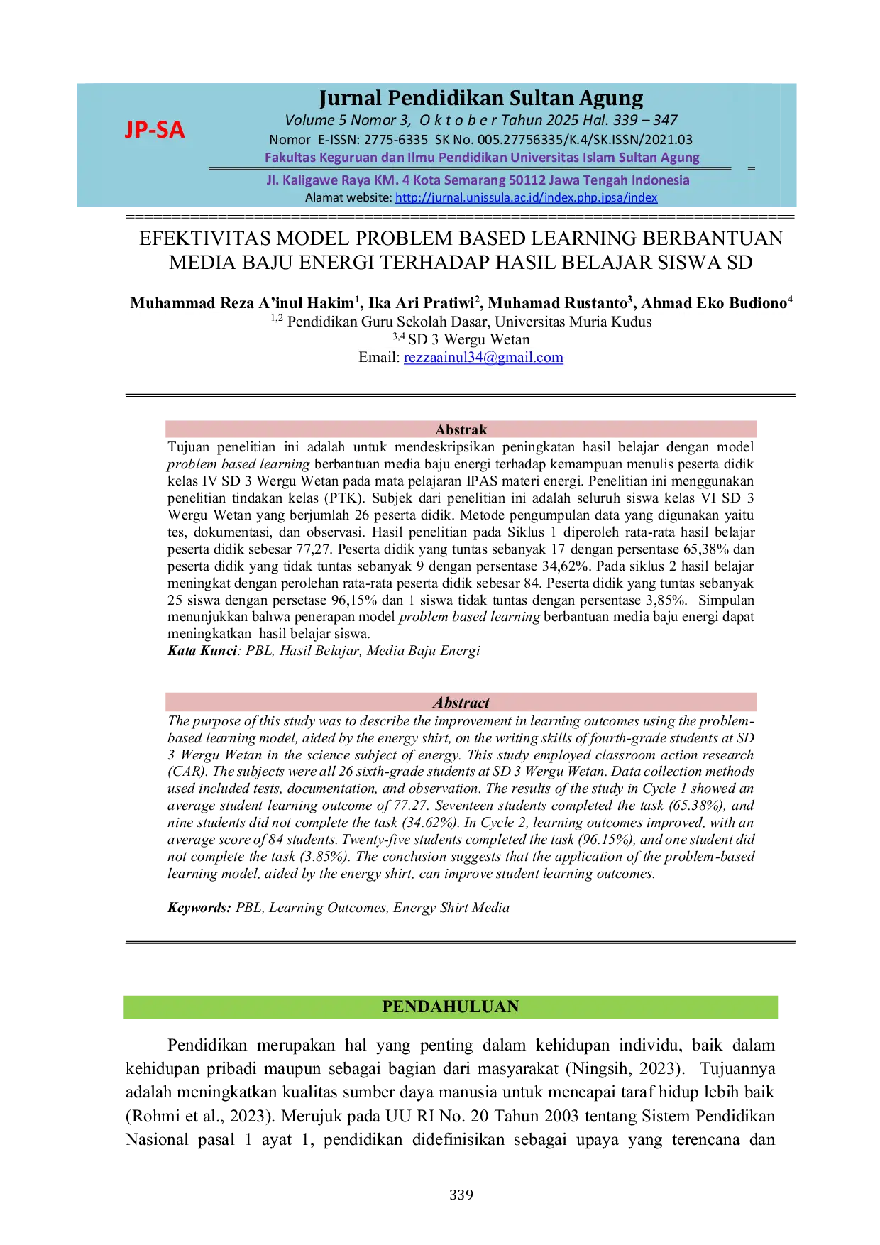 JURIS Efektivitas Model Problem Based Learning Berbantuan Media Baju Energi Terhadap Hasil Belajar Siswa Sd
