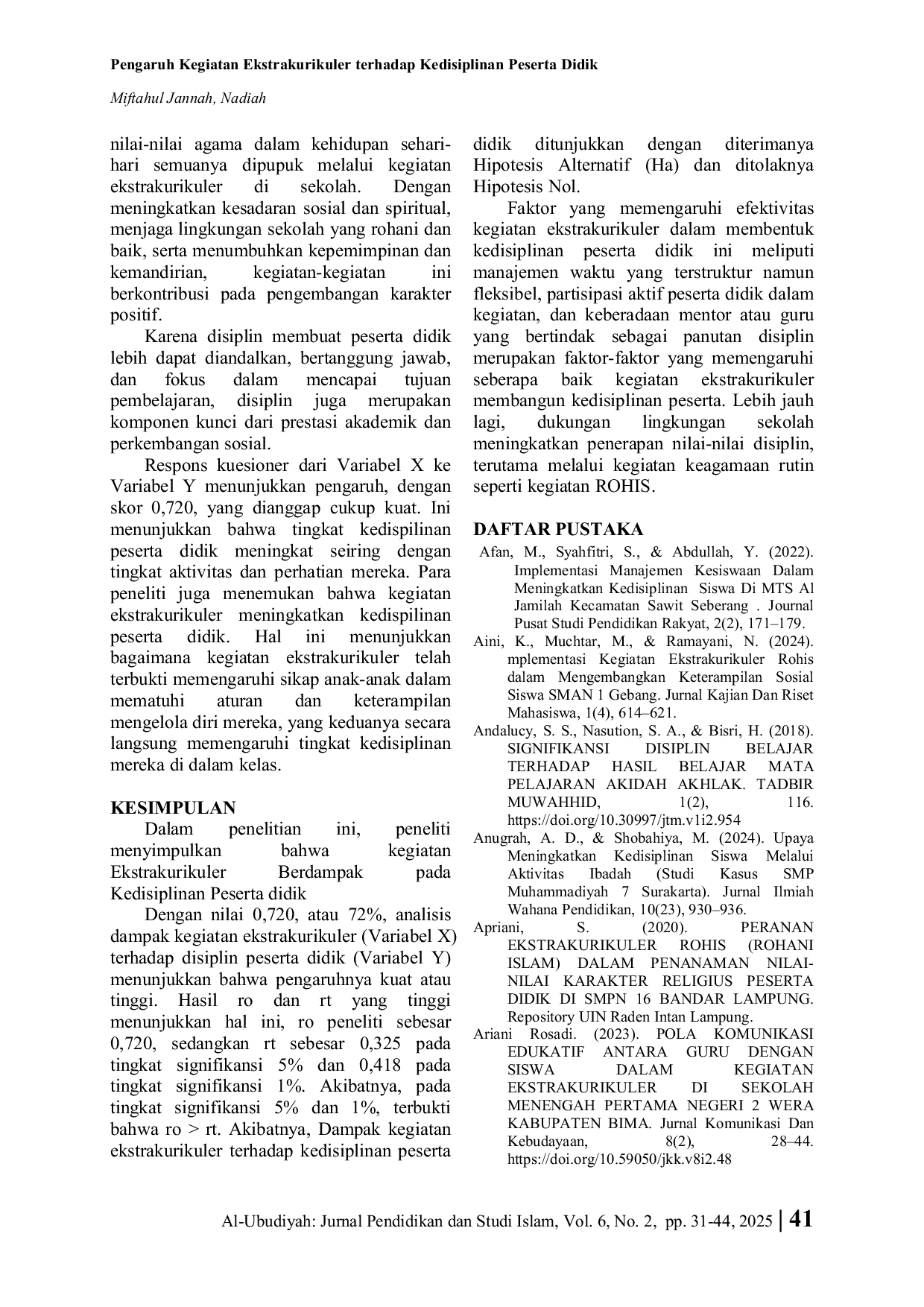 JURIS Pengaruh Kegiatan Ekstrakurikuler Terhadap Kedisiplinan Peserta Didik