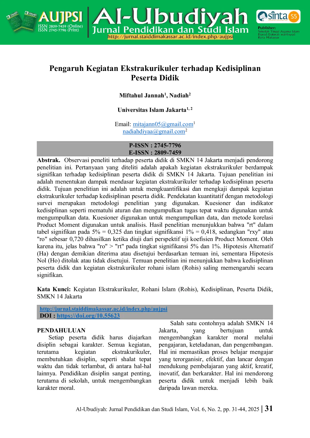 JURIS Pengaruh Kegiatan Ekstrakurikuler Terhadap Kedisiplinan Peserta Didik