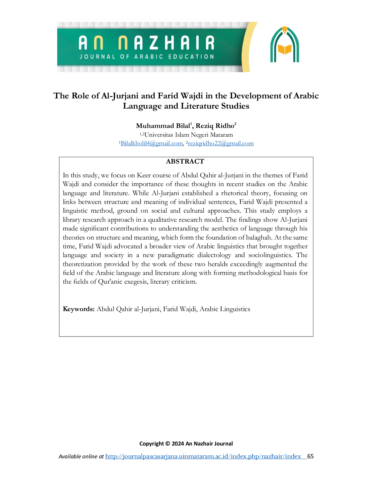 JURIS The Role of Al Jurjani and Farid Wajdi in the Development of Arabic Language and Literature Studies