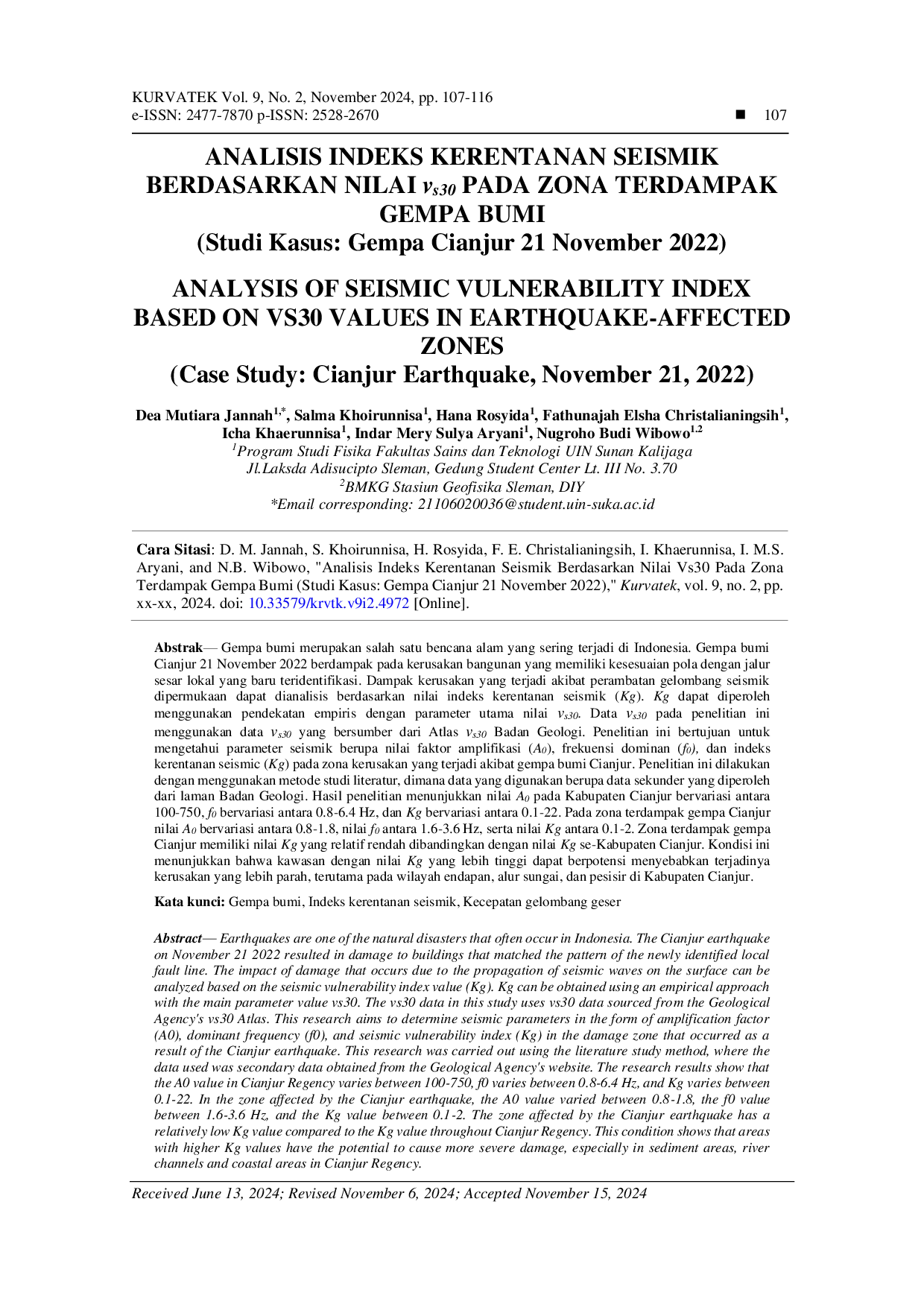 JURIS ANALISIS INDEKS KERENTANAN SEISMIK BERDASARKAN NILAI vs30 PADA ZONA TERDAMPAK GEMPA BUMI Studi Kasus Gempa Cianjur 21 November 2022