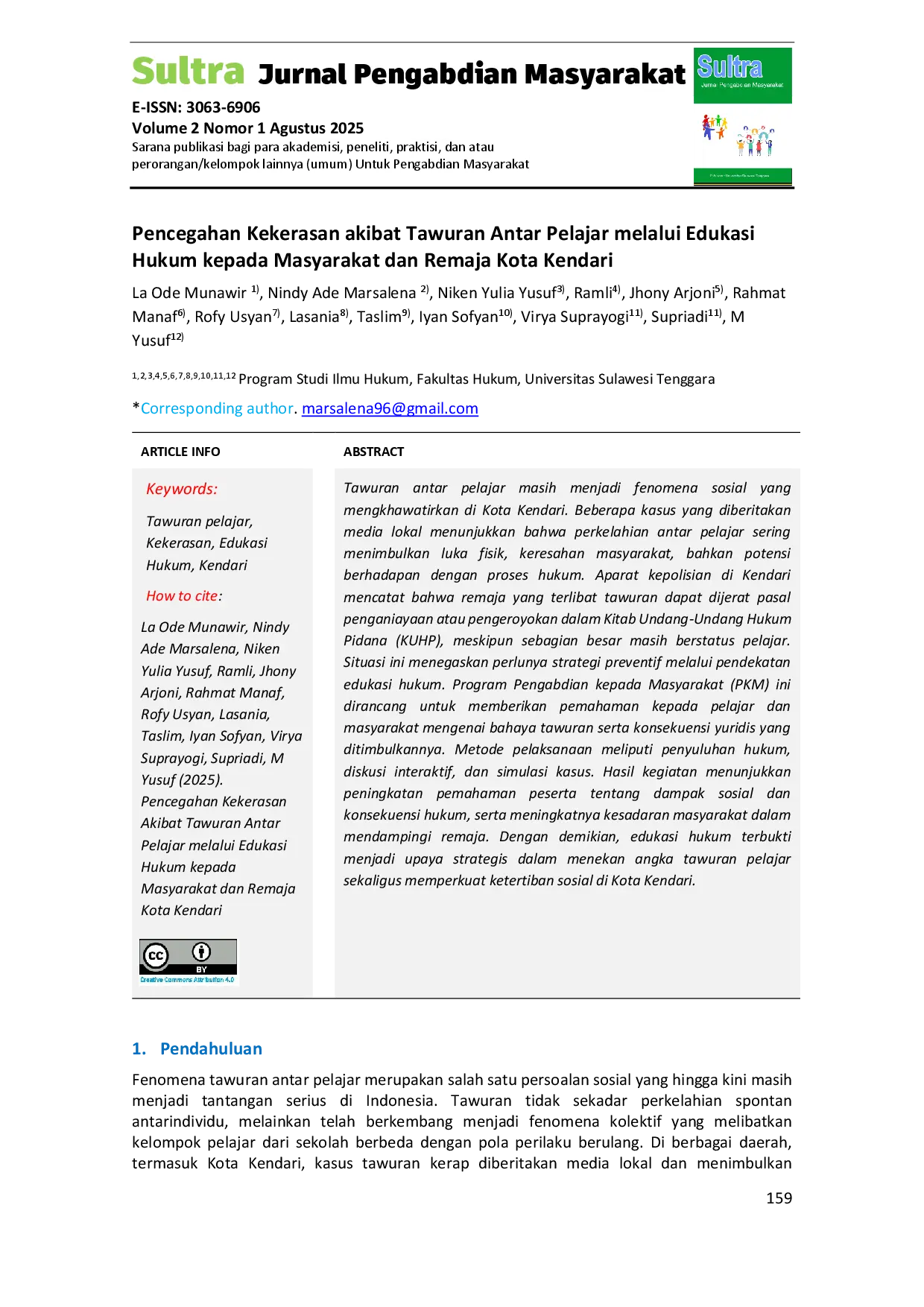 juris Pencegahan Kekerasan akibat Tawuran Antar Pelajar melalui Edukasi Hukum kepada Masyarakat dan Remaja Kota Kendari