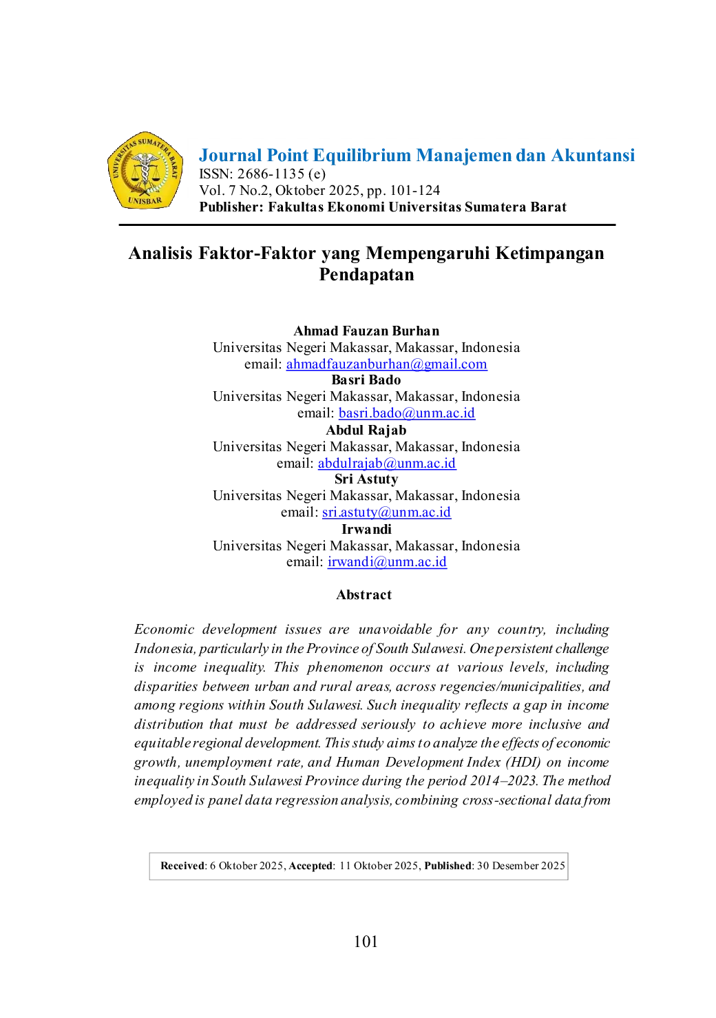 JURIS Analisis Faktor Faktor Yang Mempengaruhi Ketimpangan Pendapatan Analysis of Factors Influencing Income Inequality