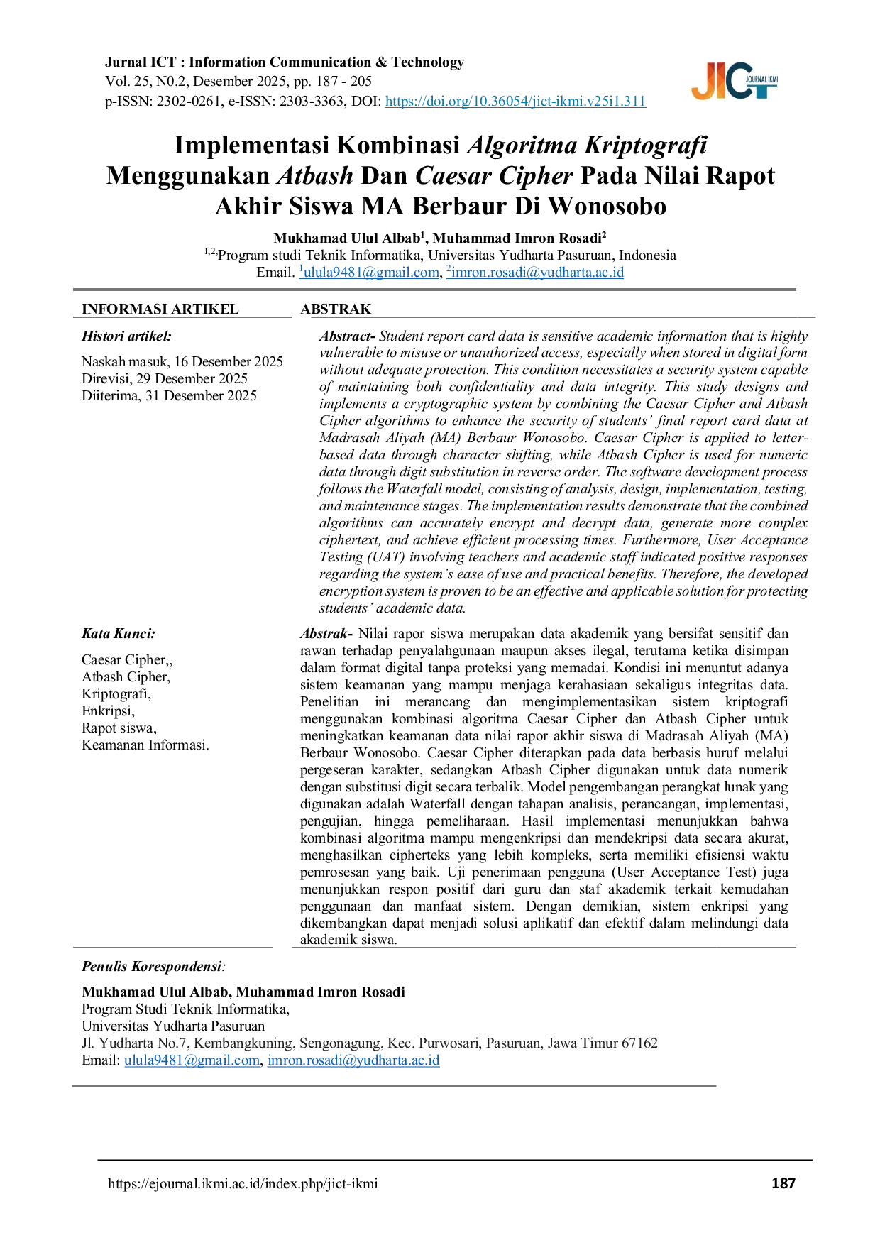 JURIS Implementasi Kombinasi Algoritma Kriptografi Menggunakan Atbash dan Caesar Cipher Pada Nilai Rapot Akhir Siswa MA Berbaur di Wonosobo