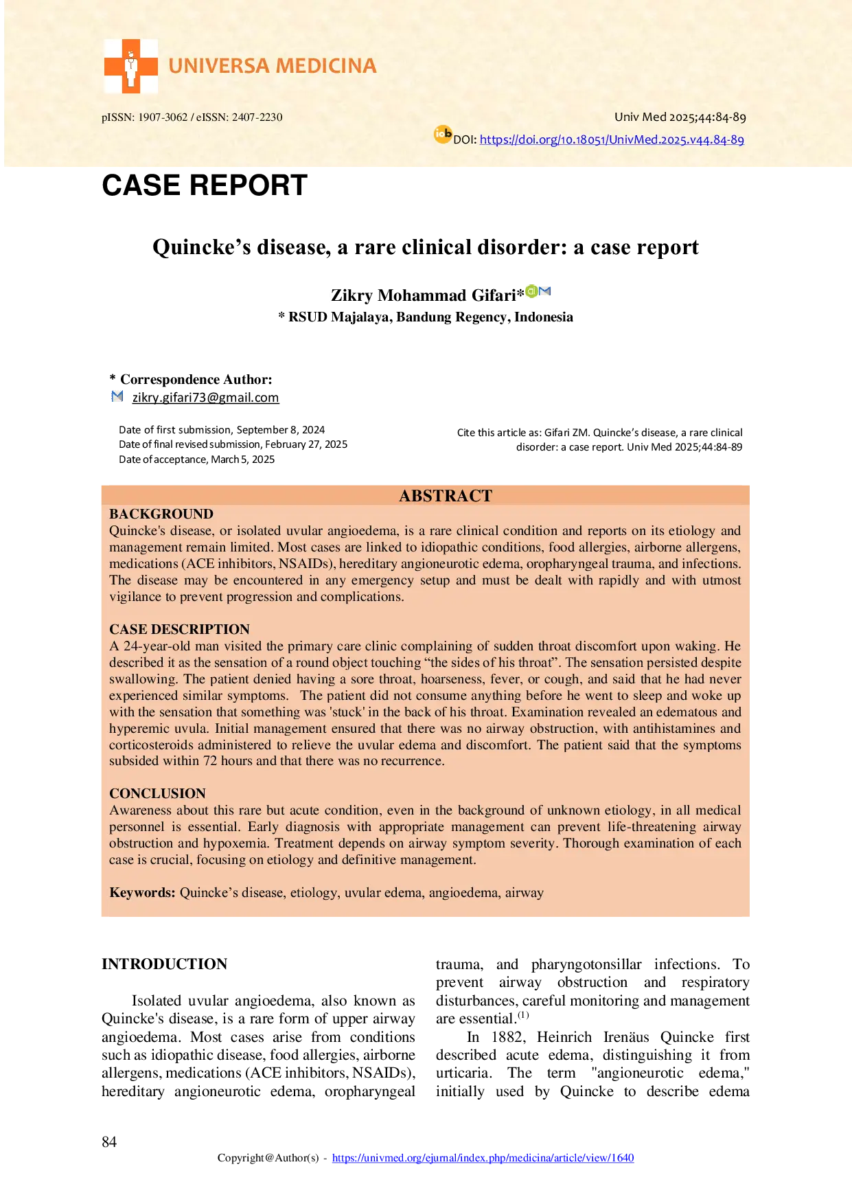 JURIS Quincke s disease a rare clinical disorder a case report
