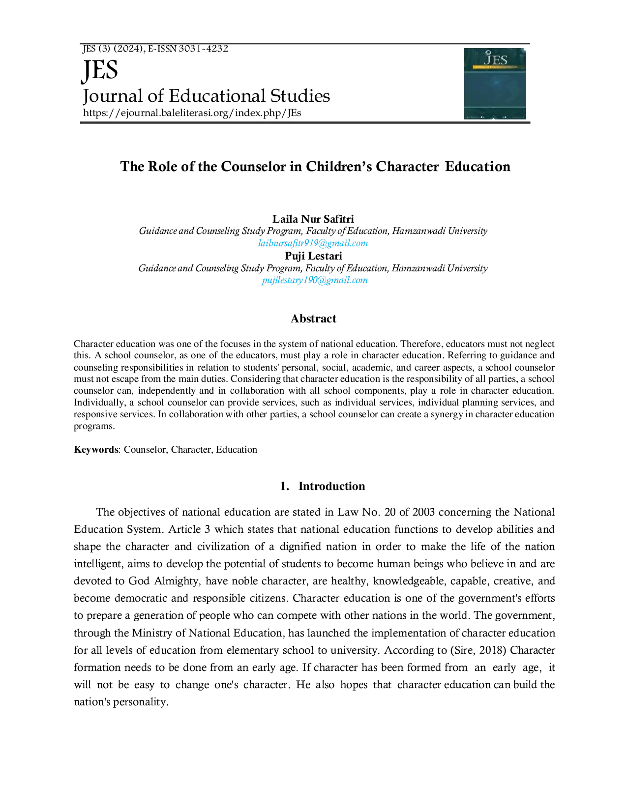 JURIS The Role of The Concelor in Children s Character Education