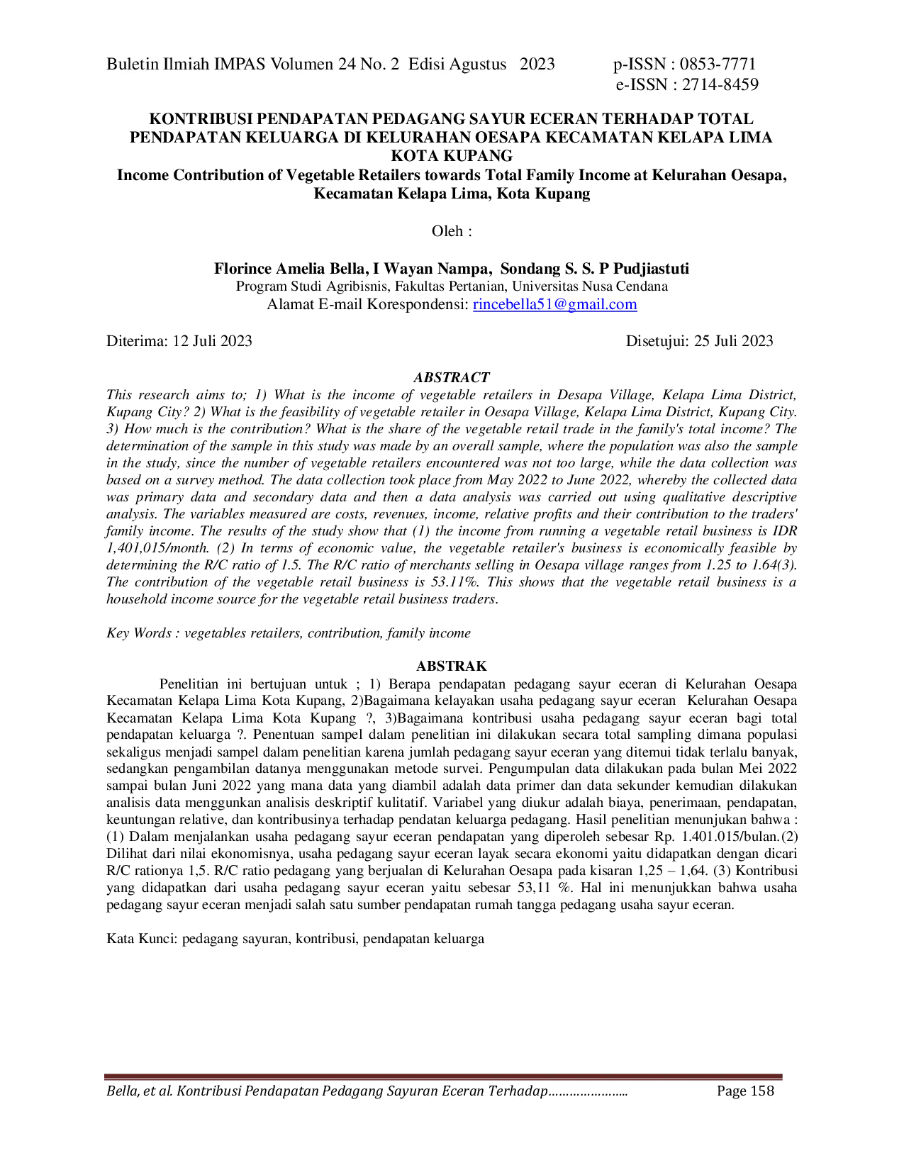 JURIS Kontribusi Pendapatan Pedagang Sayur Eceran Terhadap Total Pendapatan Keluarga Di Kelurahan Oesapa Kecamatan Kelapa Lima Kota Kupang