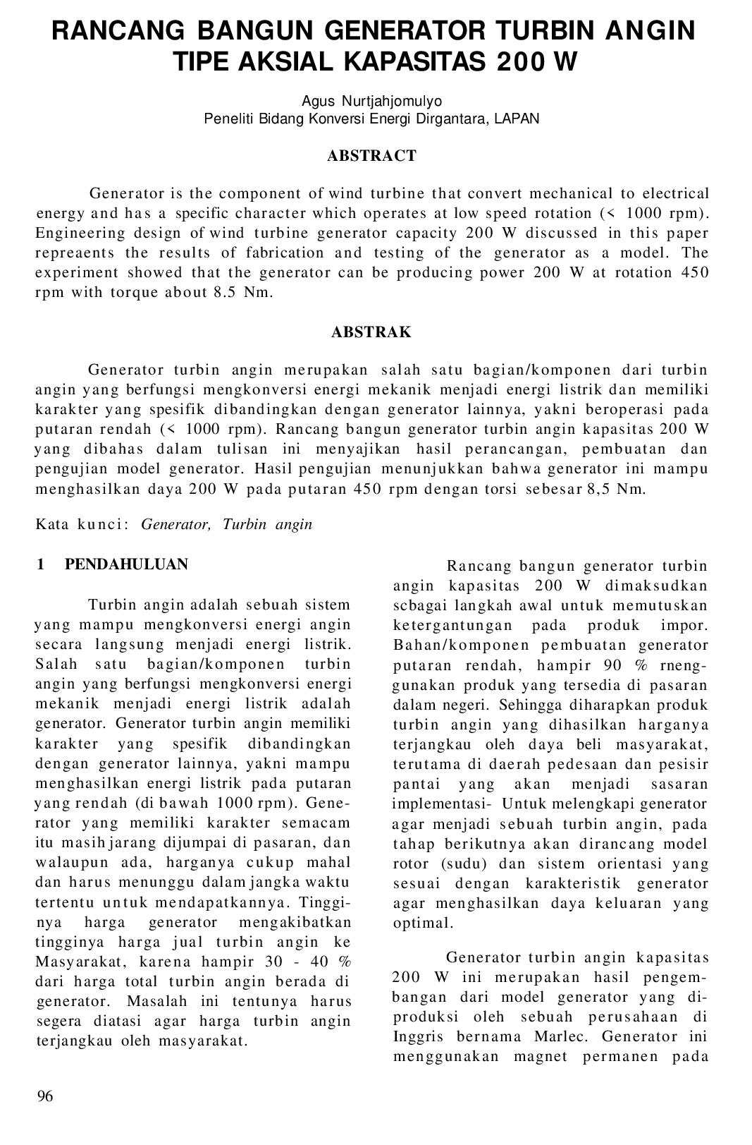 juris Rancang Bangun Generator Turbin Angin Tipe Aksial Kapasitas 200 W