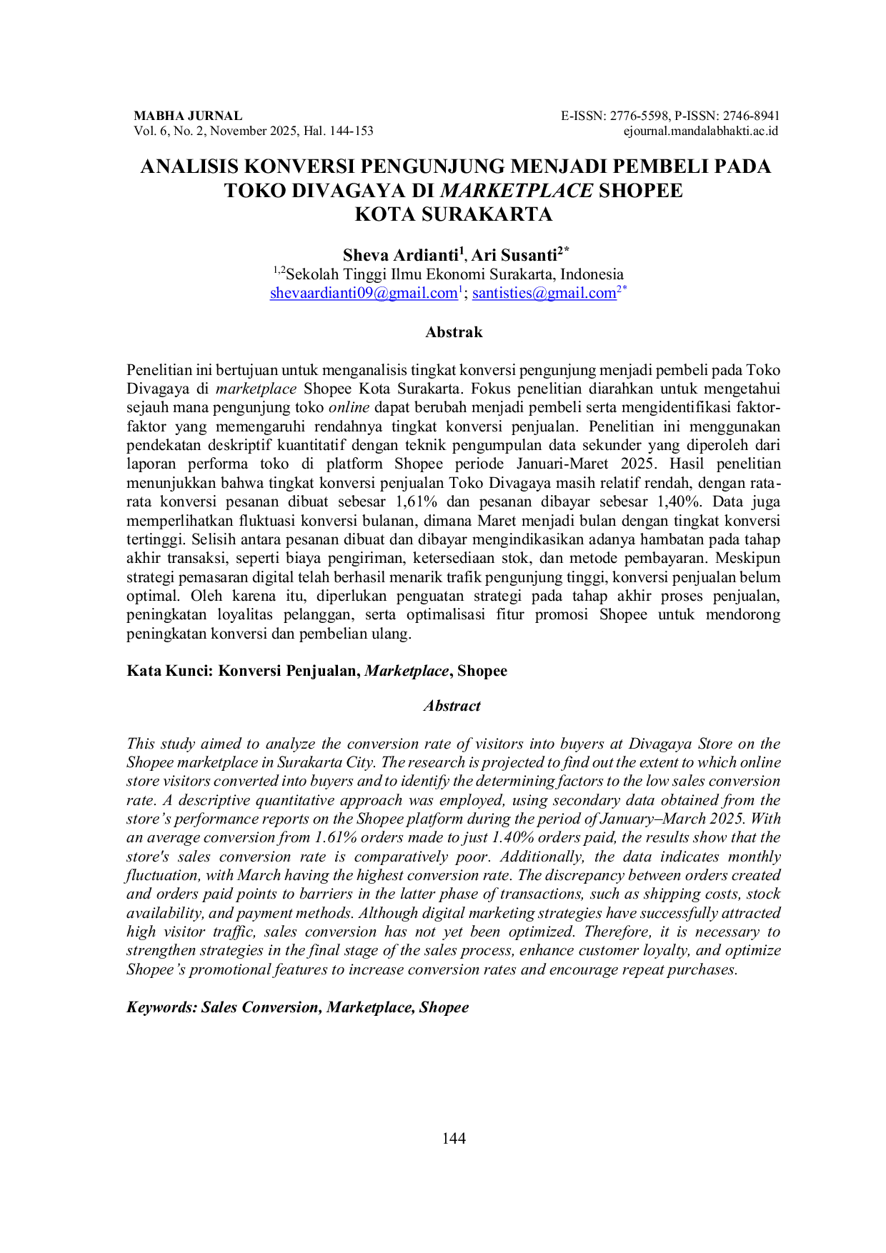 JURIS Analisis Konversi Pengunjung Menjadi Pembeli Pada Toko Divagaya Di Marketplace Shopee Kota Surakarta