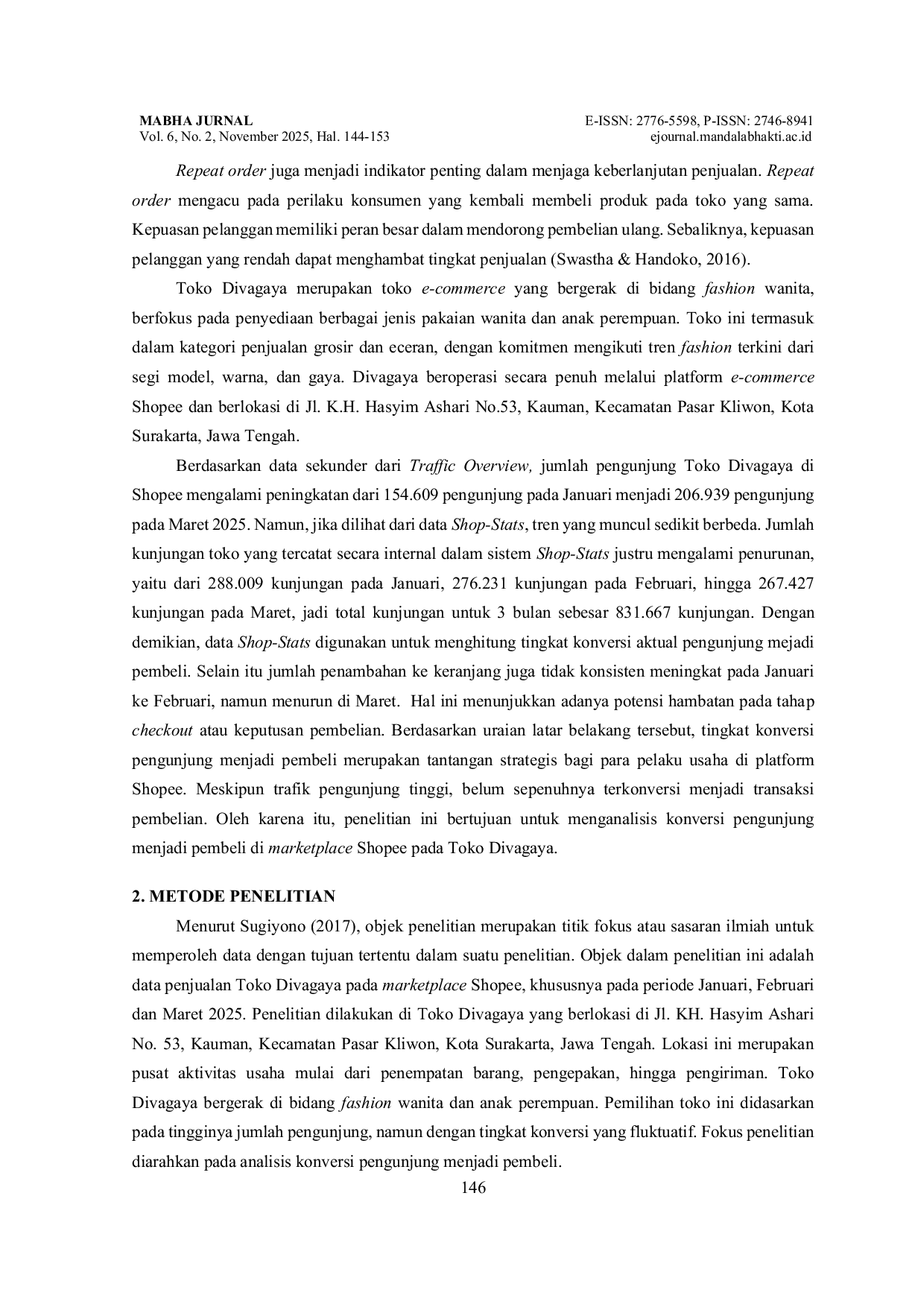 JURIS Analisis Konversi Pengunjung Menjadi Pembeli Pada Toko Divagaya Di Marketplace Shopee Kota Surakarta