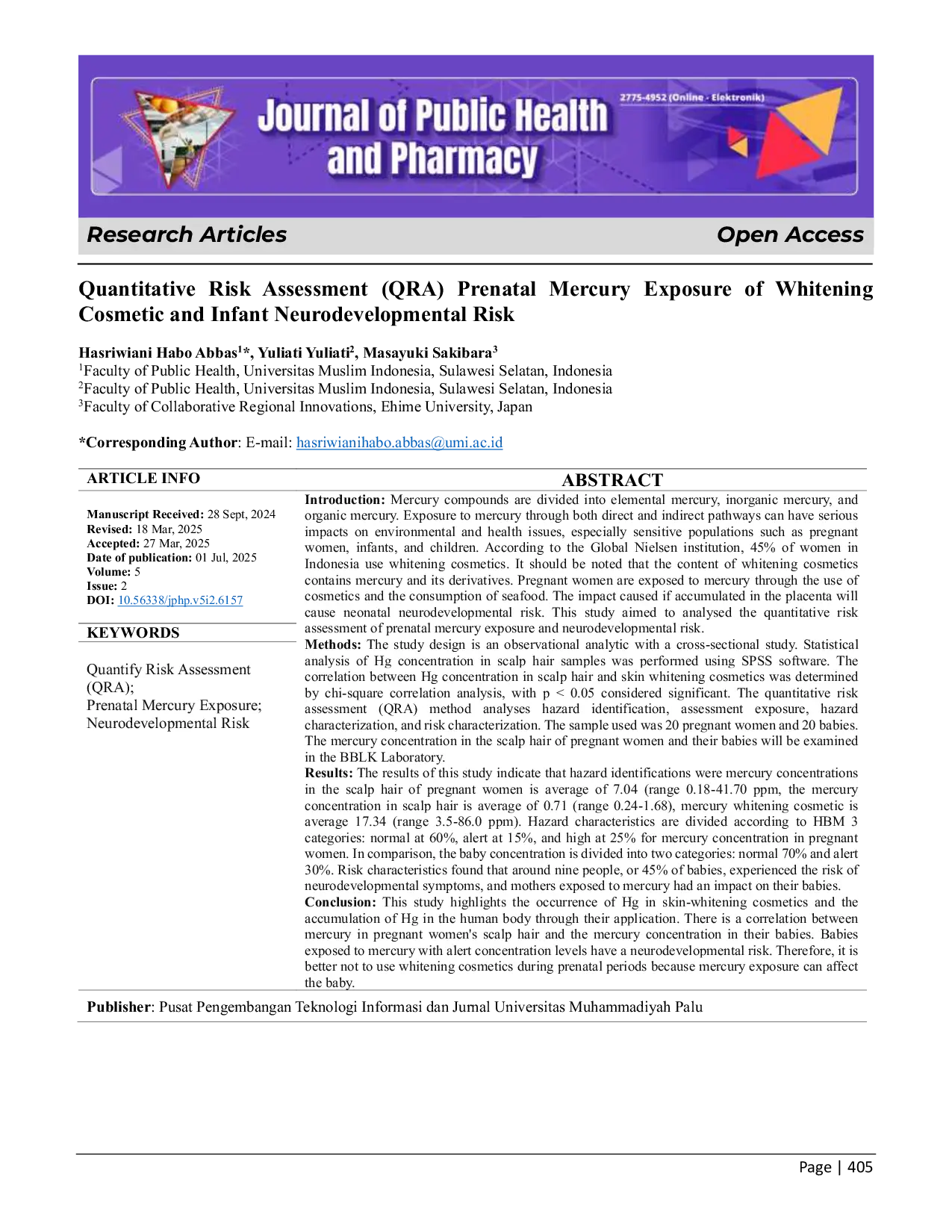 JURIS Quantitative Risk Assessment QRA Prenatal Mercury Exposure of Whitening Cosmetic and Infant Neurodevelopmental Risk