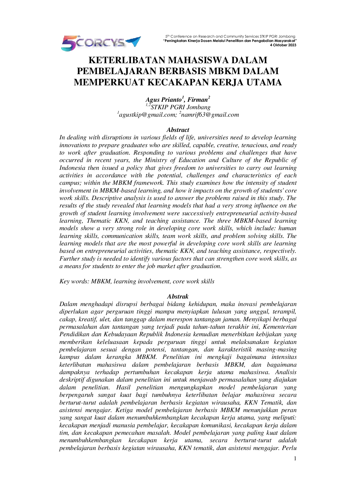 JURIS Keterlibatan Mahasiswa Dalam Pembelajaran Berbasis Mbkm Dalam Memperkuat Kecakapan Kerja Utama