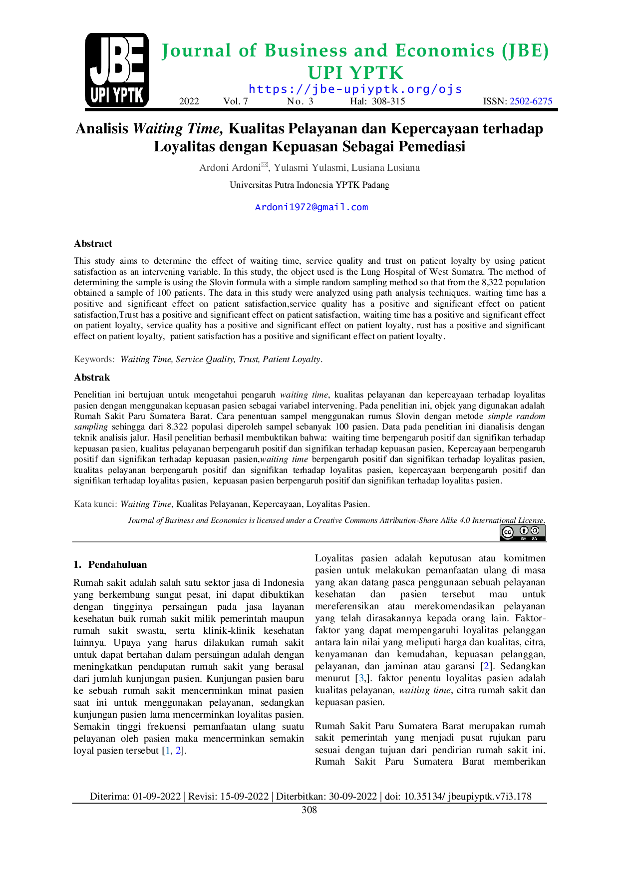 JURIS Analisis Waiting Time Kualitas Pelayanan dan Kepercayaan terhadap Loyalitas dengan Kepuasan sebagai Pemediasi