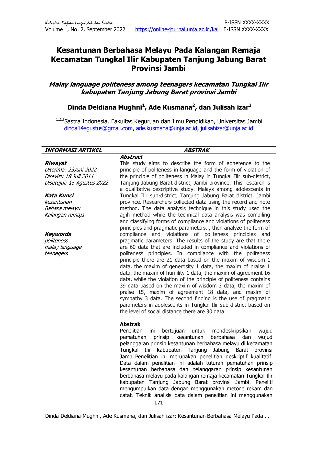 JURIS Kesantunan Berbahasa Melayu Pada Kalangan Remaja Kecamatan Tungkal Ilir Kabupaten Tanjung Jabung Barat Provinsi Jambi