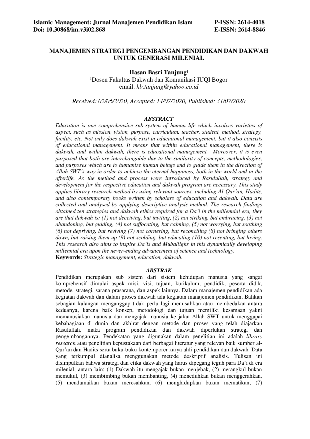 JURIS Manajemen Strategi Pengembangan Pendidikan dan Dakwah untuk Generasi Milenial