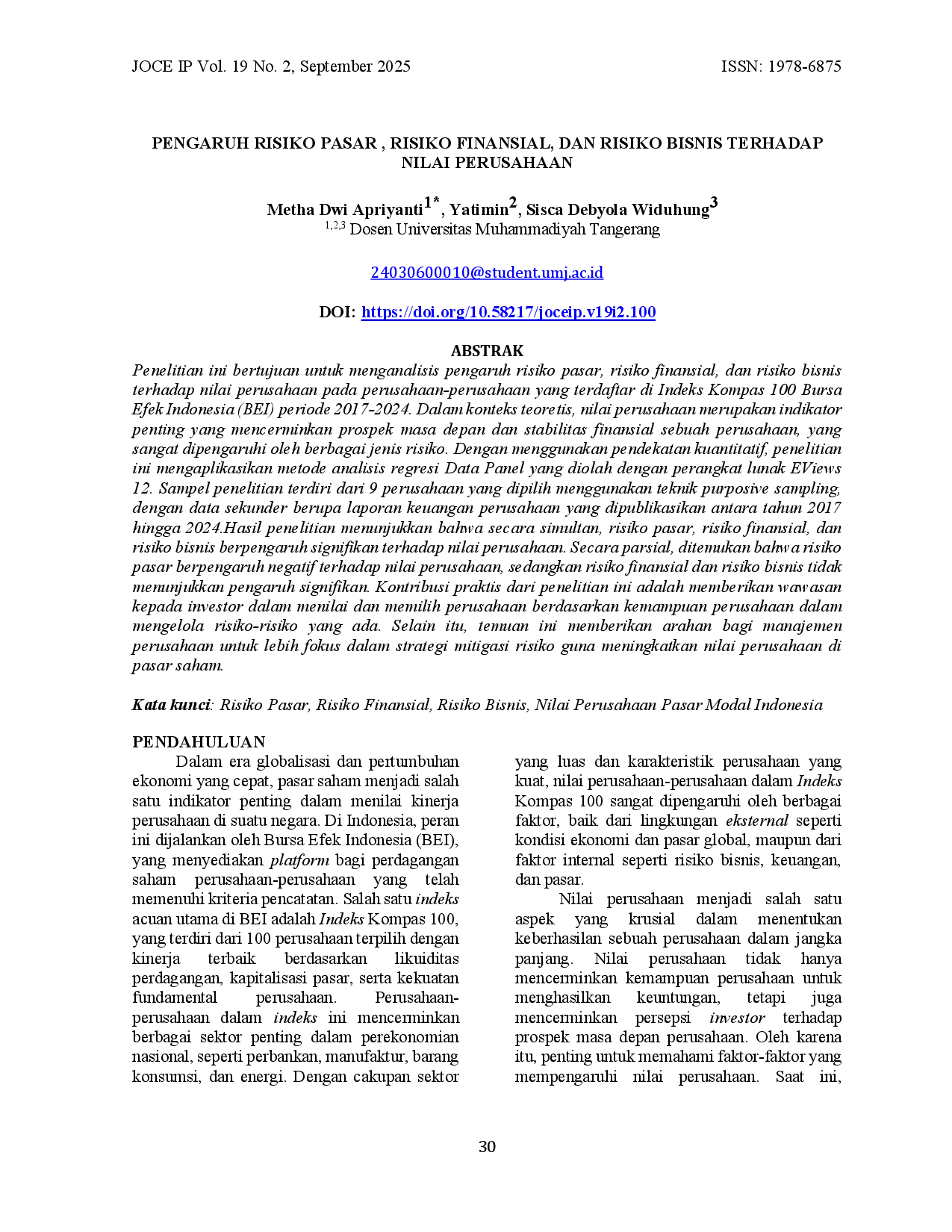JURIS Pengaruh Risiko Pasar Risiko Finansial dan Risiko Bisnis Terhadap Nilai Perusahaan