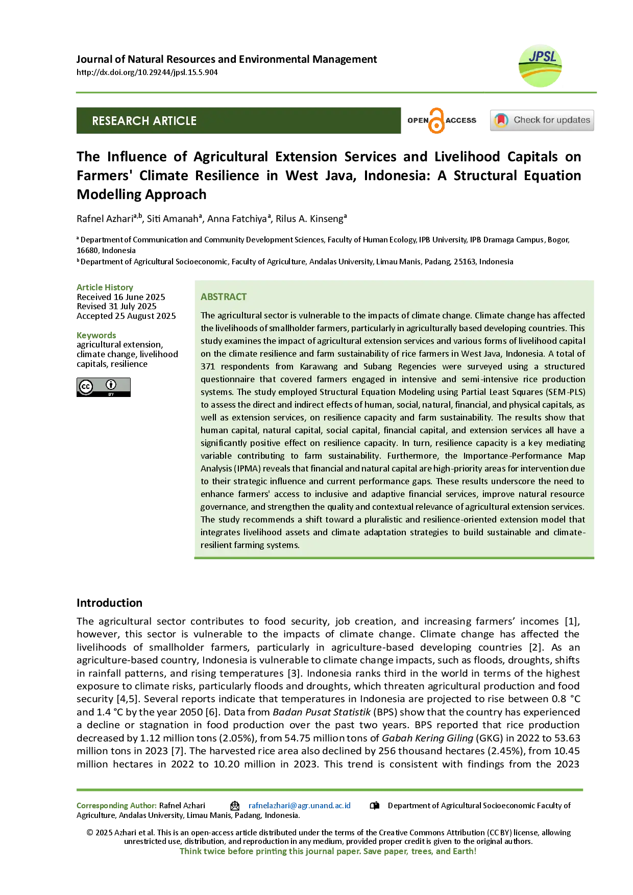juris The Influence of Agricultural Extension Services and Livelihood Capitals on Farmers Climate Resilience in West Java Indonesia A Structural Equation Modeling Approach