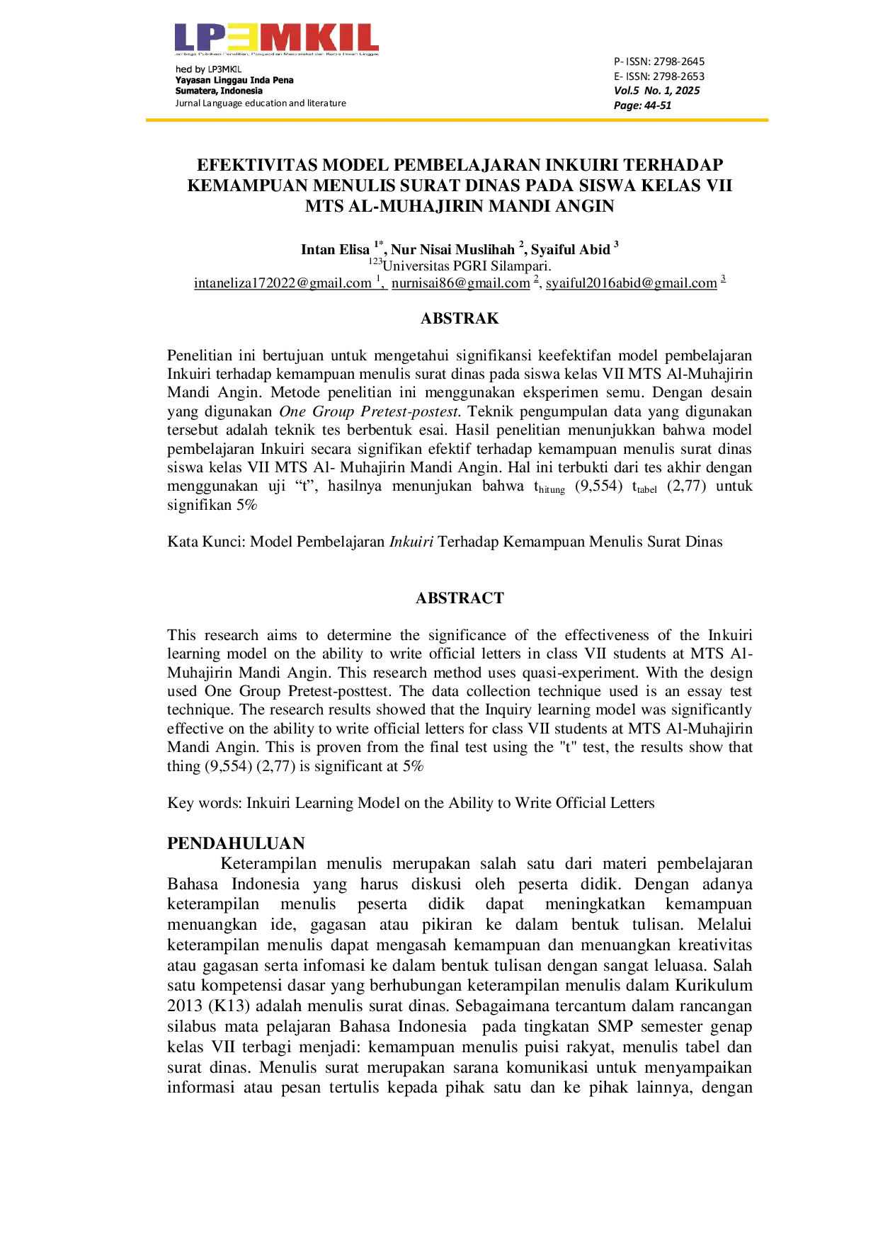 JURIS Efektivitas Model Pembelajaran Inkuiri Terhadap Kemampuan Menulis Surat Dinas Pada Siswa Kelas VII MTS Al Muhajirin Mandi Angin