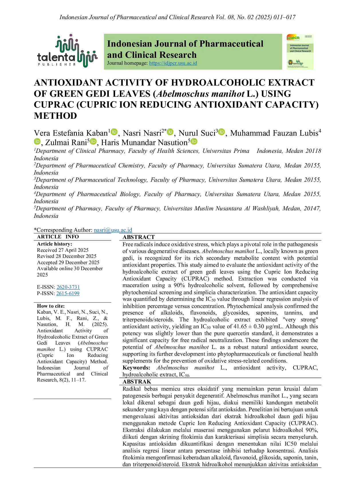JURIS Antioxidant Activity Of Hydroalcoholic Extract Of Green Gedi Leaves Abelmoschus Manihot L Using CUPRAC Cupric Ion Reducing Antioxidant Capacity Method