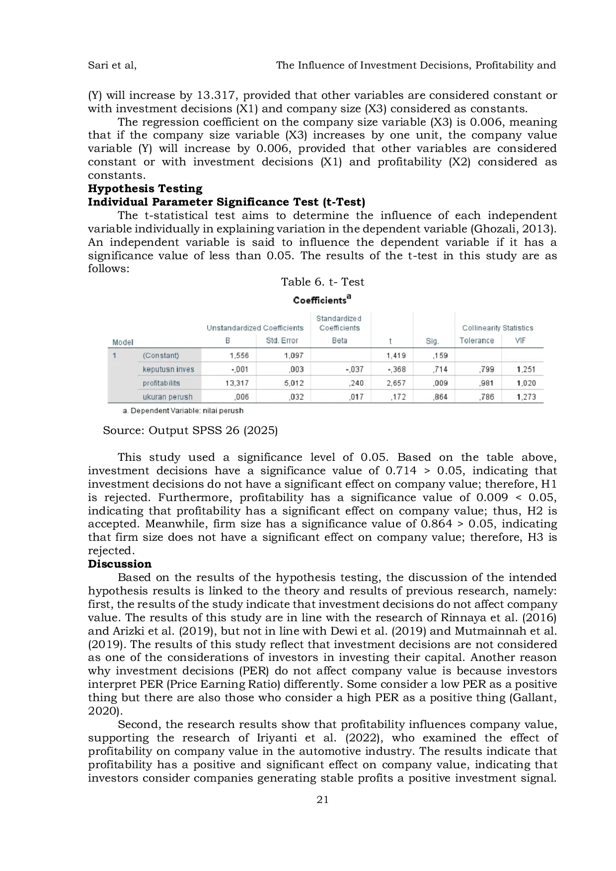 JURIS The Influence of Investment Decisions Profitability and Company Size on Company Value