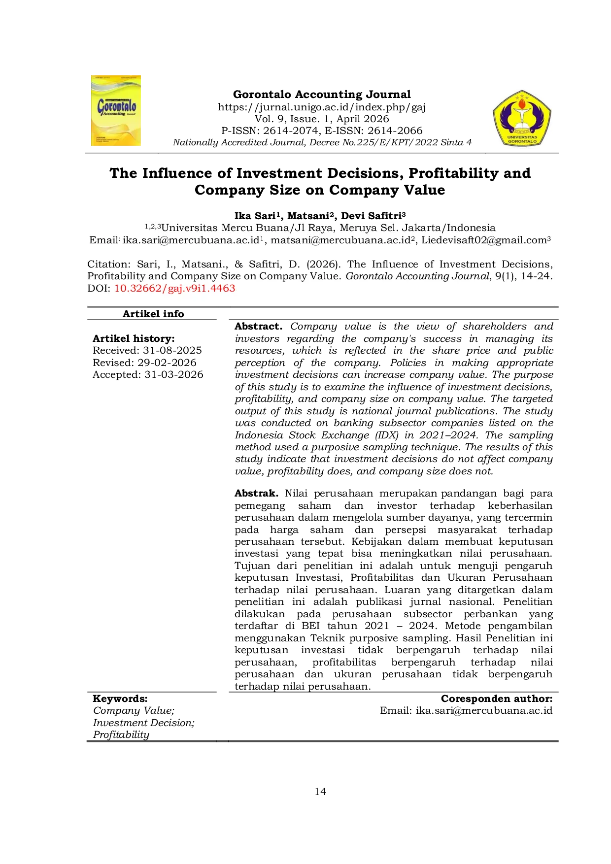 JURIS The Influence of Investment Decisions Profitability and Company Size on Company Value