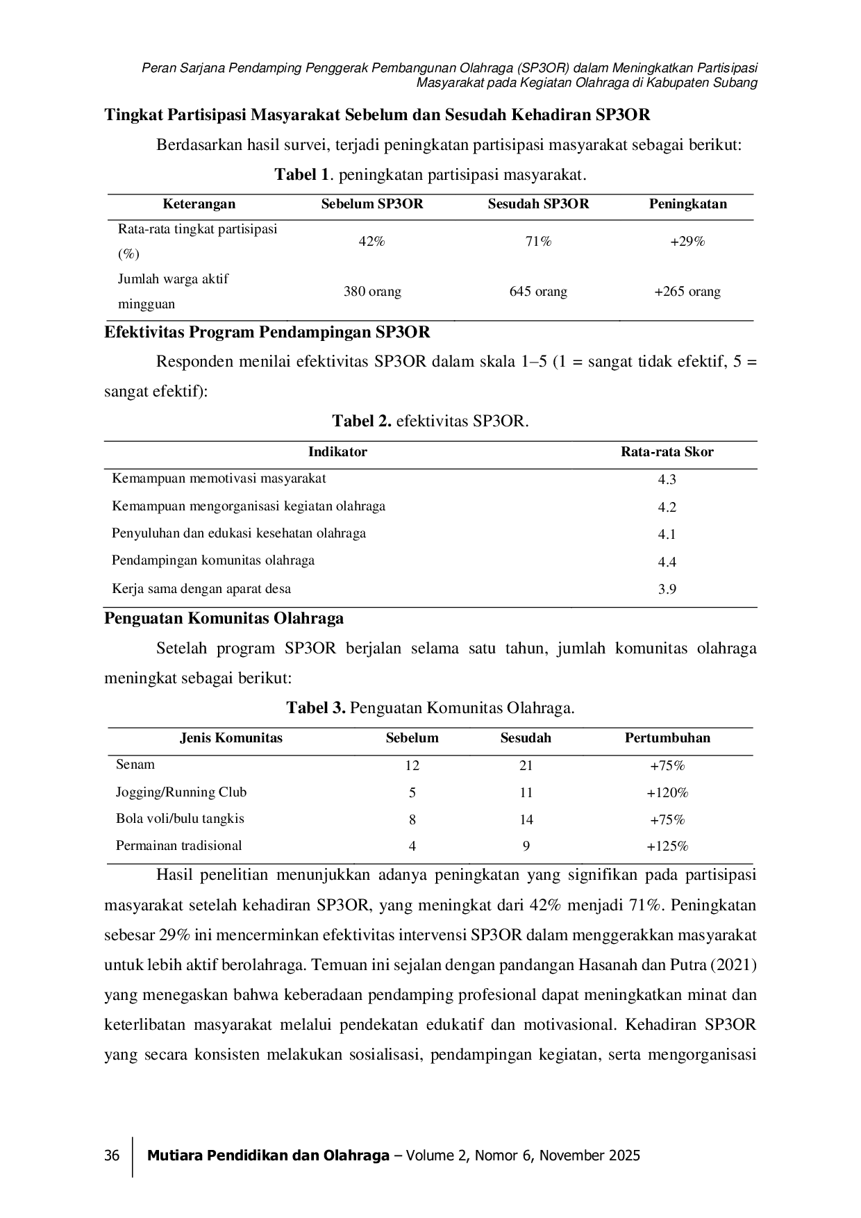 JURIS Peran Sarjana Pendamping Penggerak Pembangunan Olahraga SP3OR dalam Meningkatkan Partisipasi Masyarakat pada Kegiatan Olahraga di Kabupaten Subang