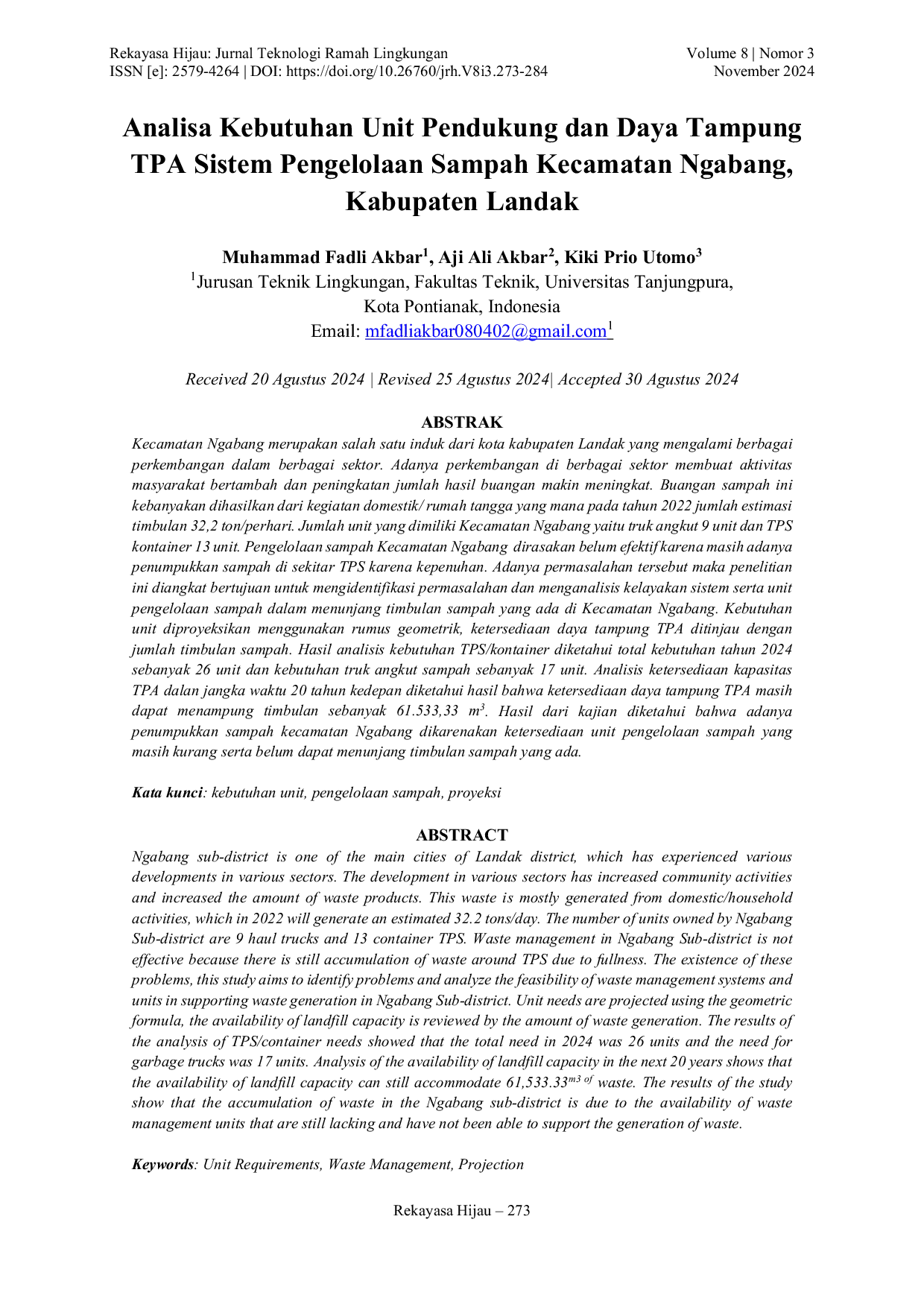 JURIS Analisa Kebutuhan Unit Pendukung dan Daya Tampung TPA Sistem Pengelolaan Sampah Kecamatan Ngabang Kabupaten Landak