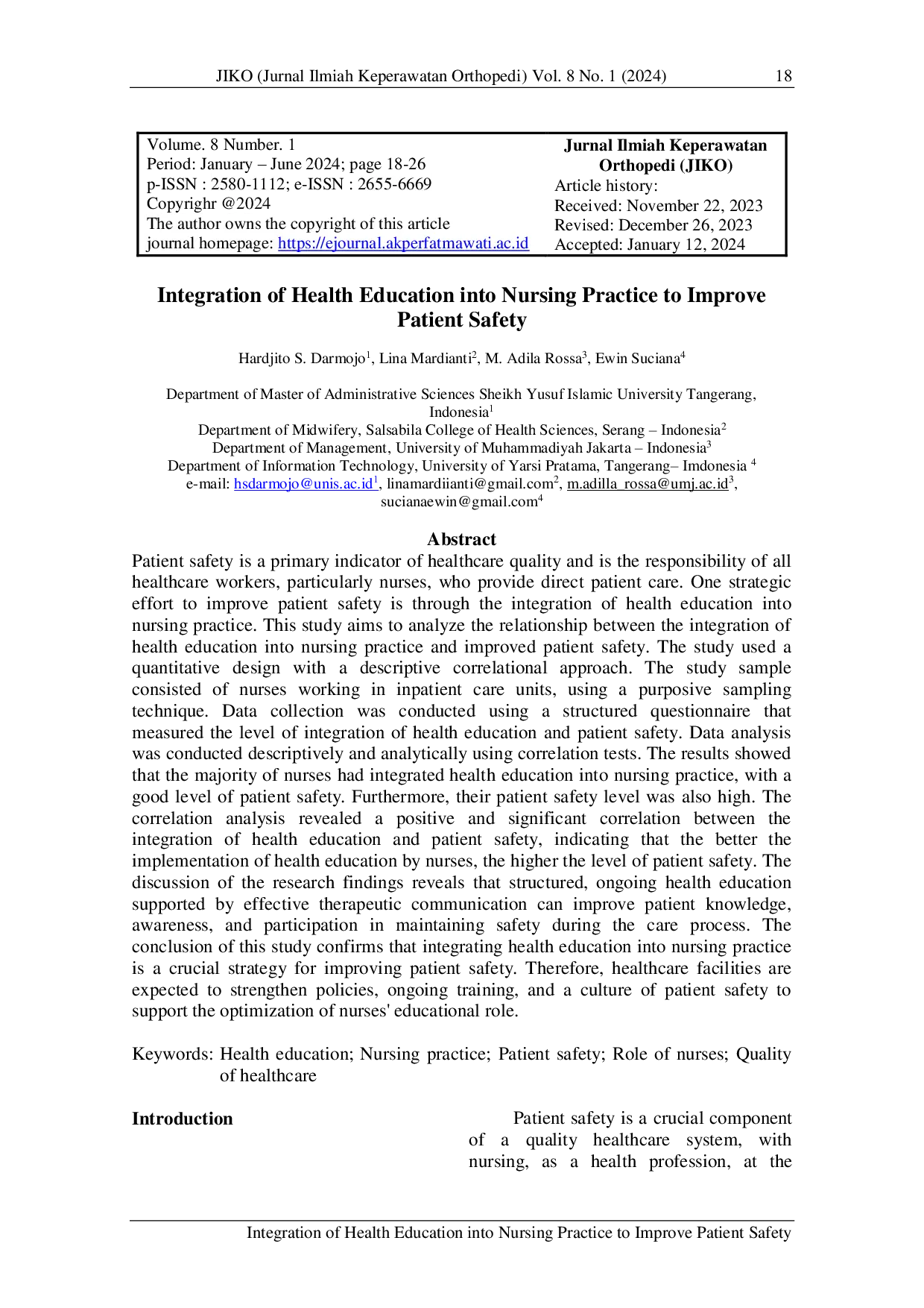 JURIS Integration of Health Education into Nursing Practice to Improve Patient Safety
