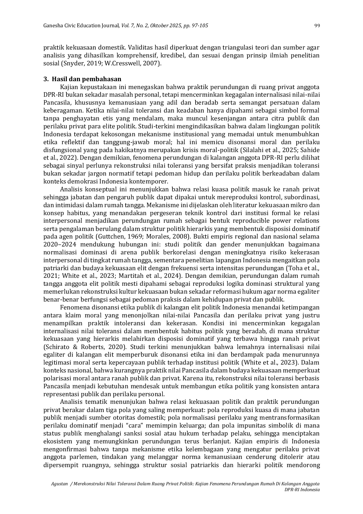 JURIS Merekonstruksi Merekonstruksi Nilai Toleransi Dalam Ruang Privat Politik Kajian Fenomena Perundungan Rumah Di Kalangan Anggota DPR RI Indonesia