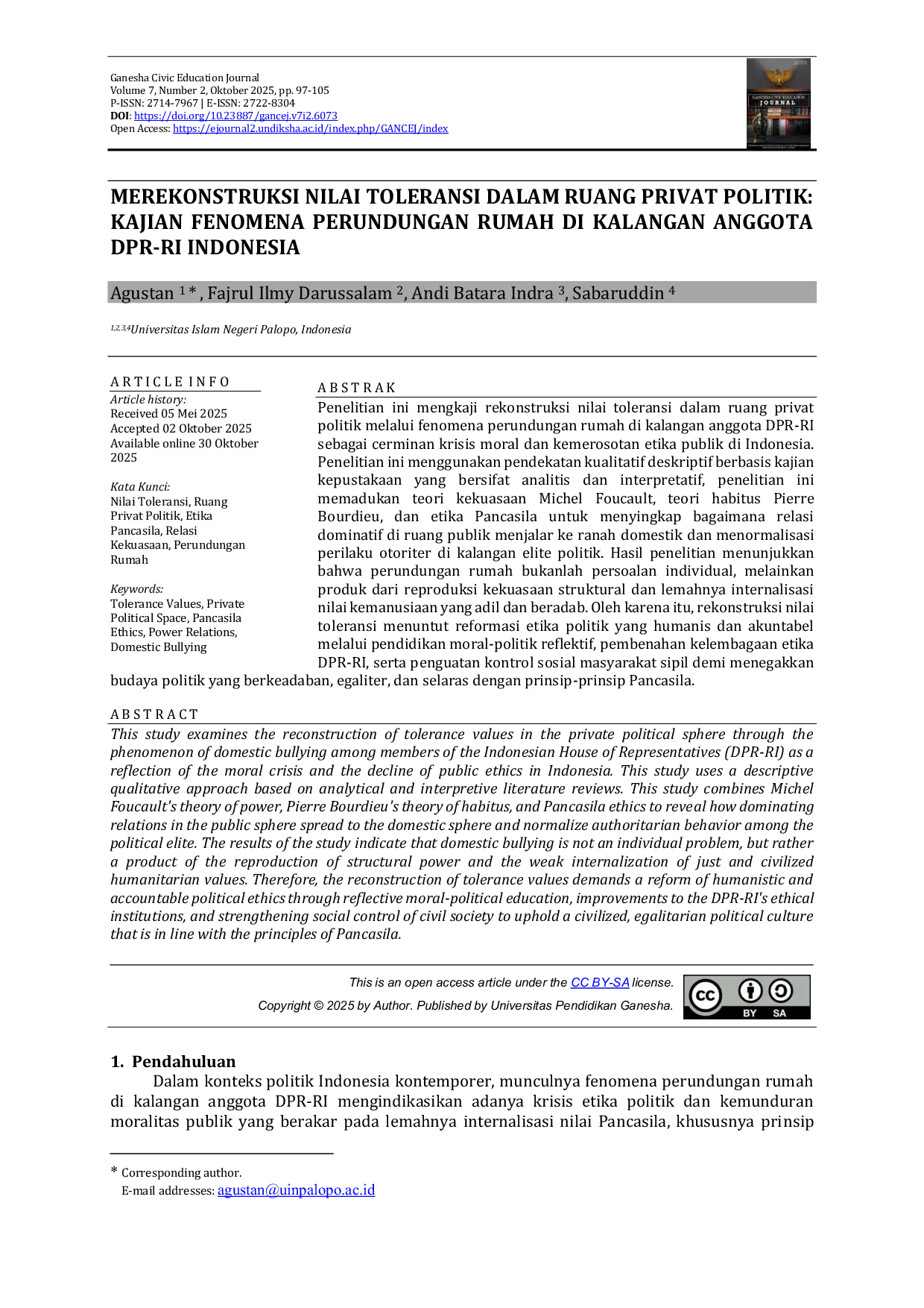 JURIS Merekonstruksi Merekonstruksi Nilai Toleransi Dalam Ruang Privat Politik Kajian Fenomena Perundungan Rumah Di Kalangan Anggota DPR RI Indonesia