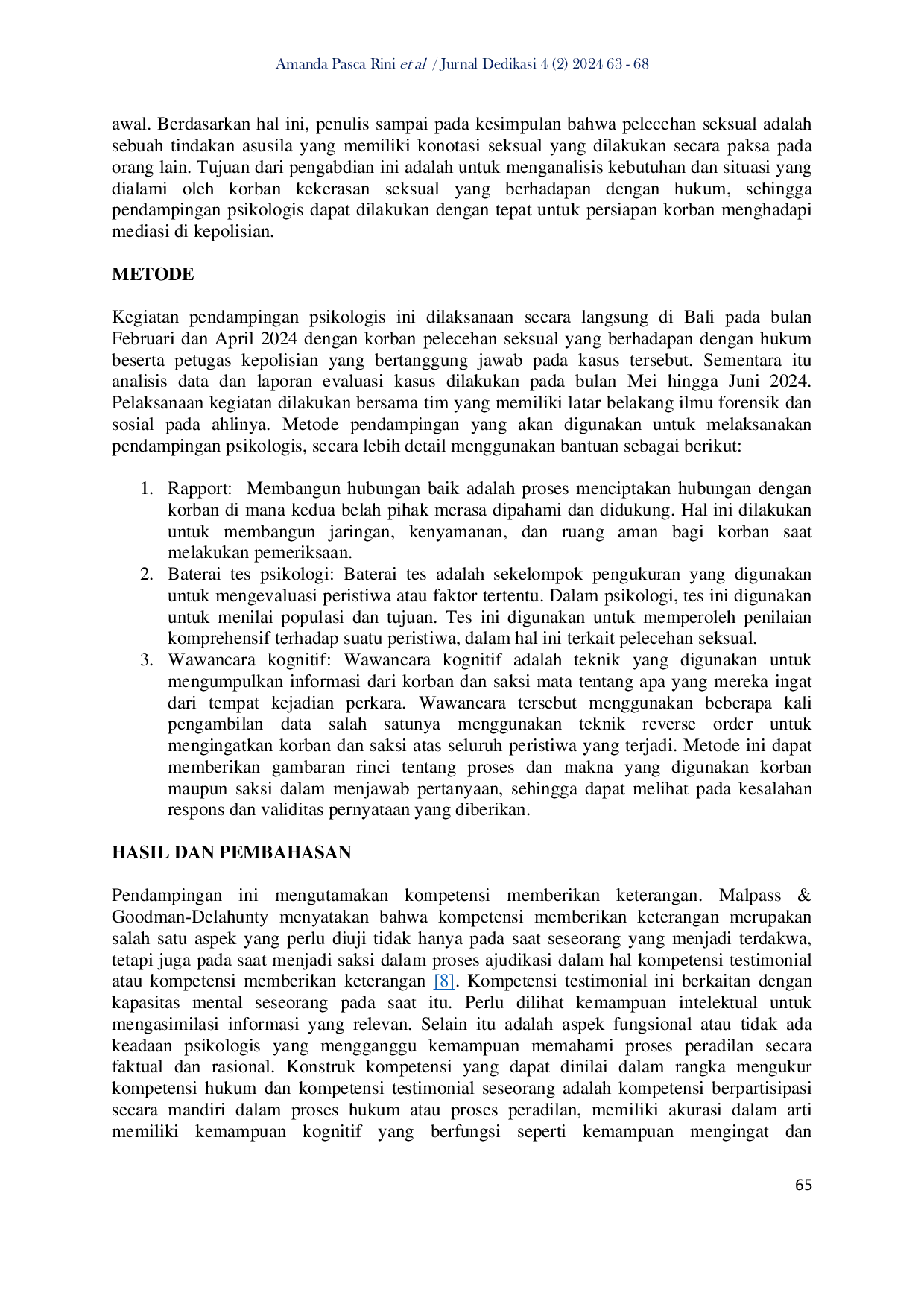 JURIS Pendampingan Psikologis Korban Pelecehan seksual yang Berhadapan dengan Hukum