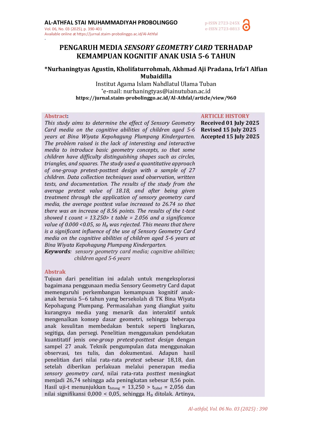 JURIS PENGARUH MEDIA SENSORY GEOMETRY CARD TERHADAP KEMAMPUAN KOGNITIF ANAK USIA 5 6 TAHUN