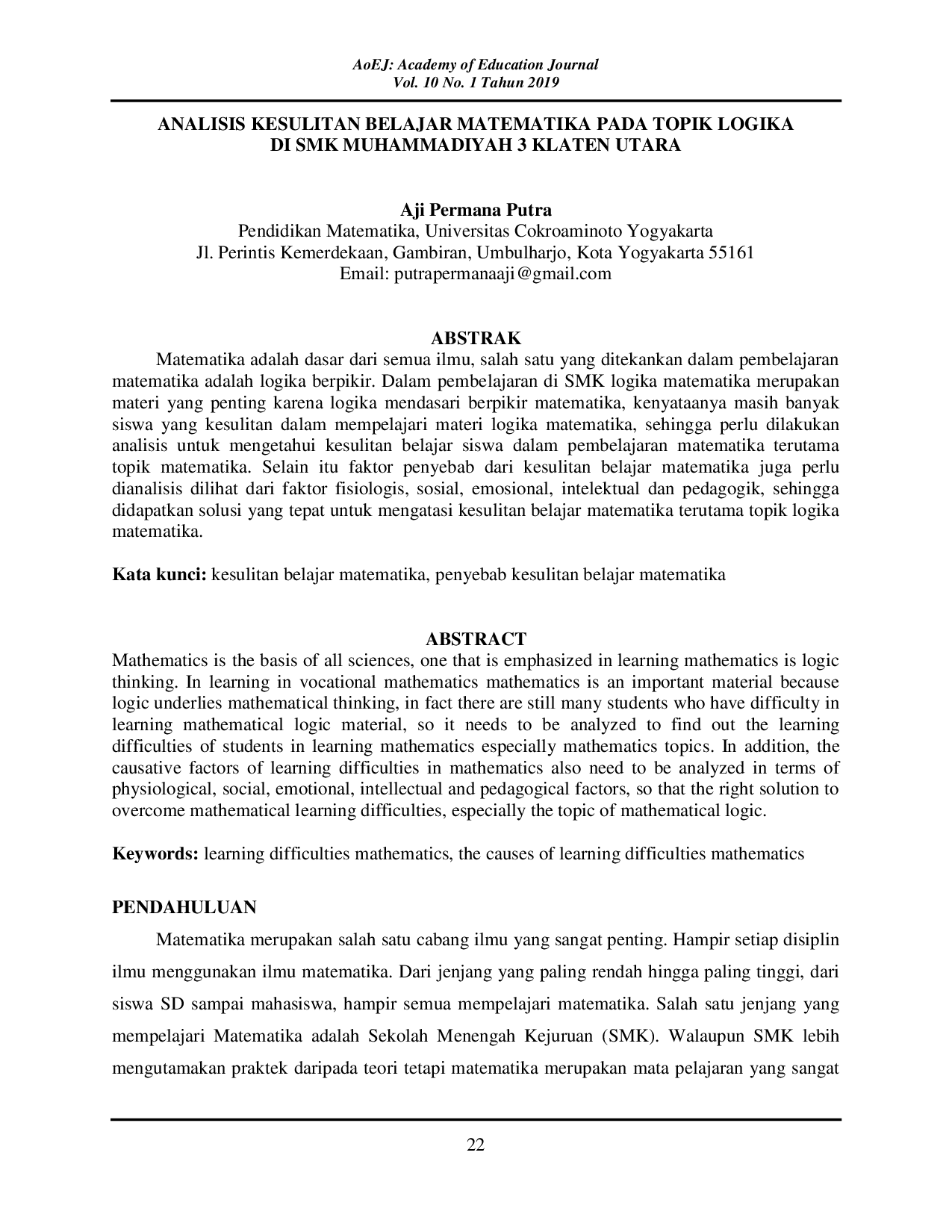 JURIS Analisis Kesulitan Belajar Matematika Pada Topik Logika Di Smk Muhammadiyah 3 Klaten Utara