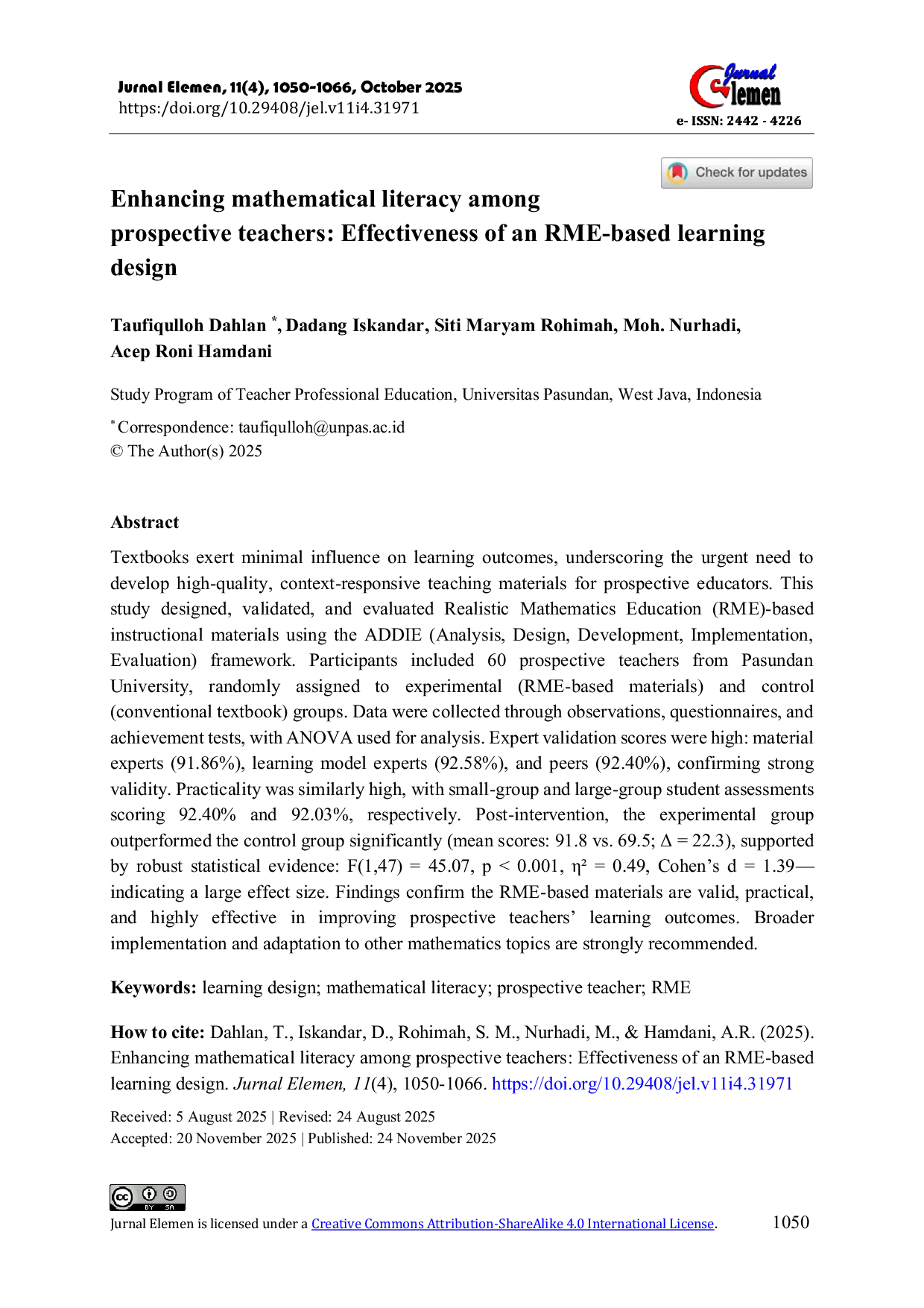 JURIS Enhancing mathematical literacy among prospective teachers Effectiveness of an RME based learning design