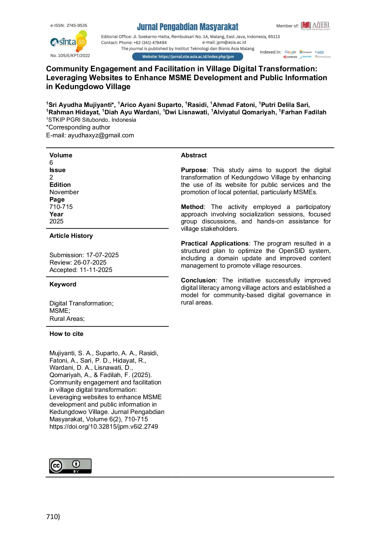 JURIS Community Engagement and Facilitation in Village Digital Transformation Leveraging Websites to Enhance MSME Development and Public Information in Kedungdowo Village