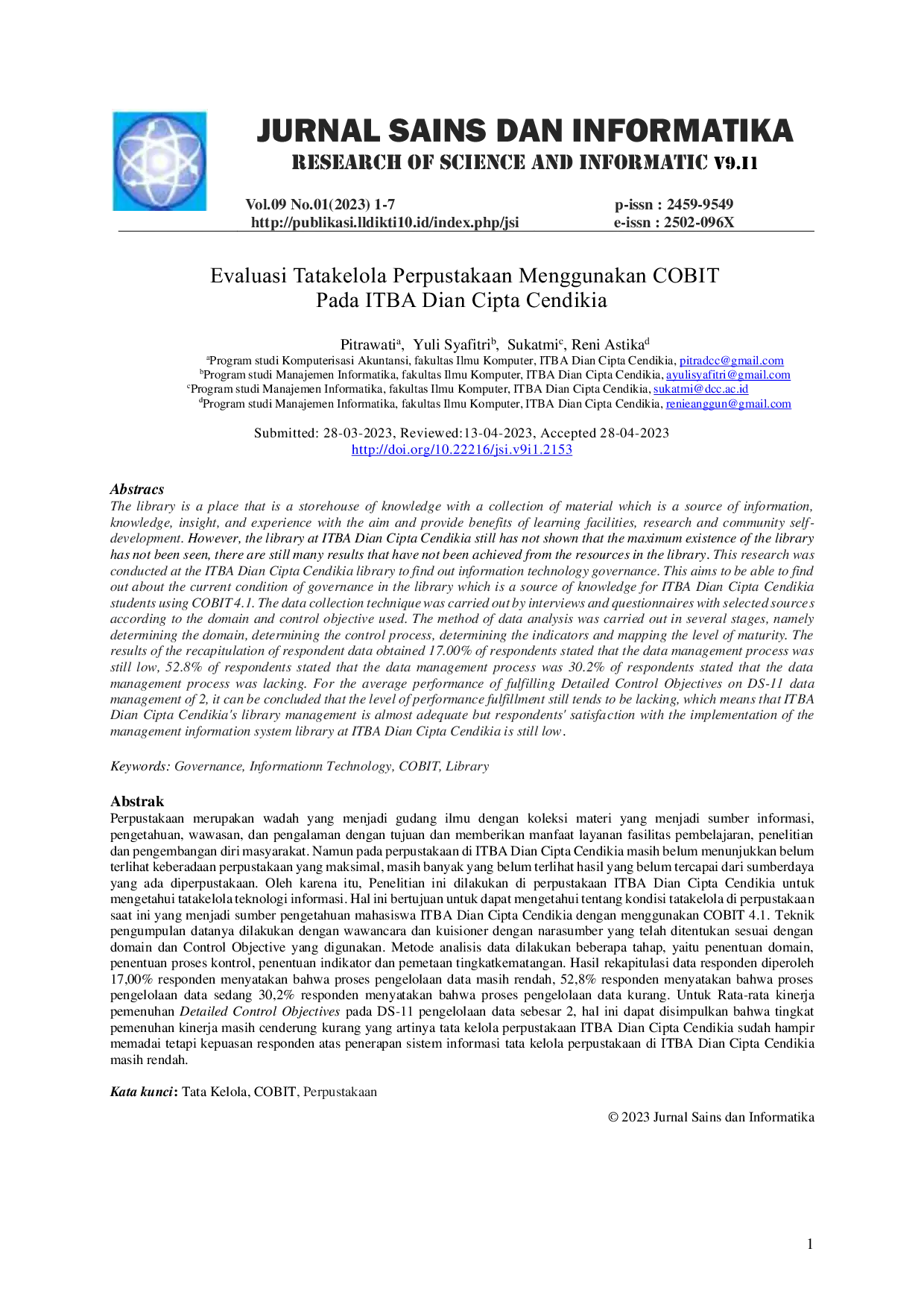 JURIS Evaluasi Tatakelola Perpustakaan Menggunakan COBIT Pada ITBA Dian Cipta Cendikia