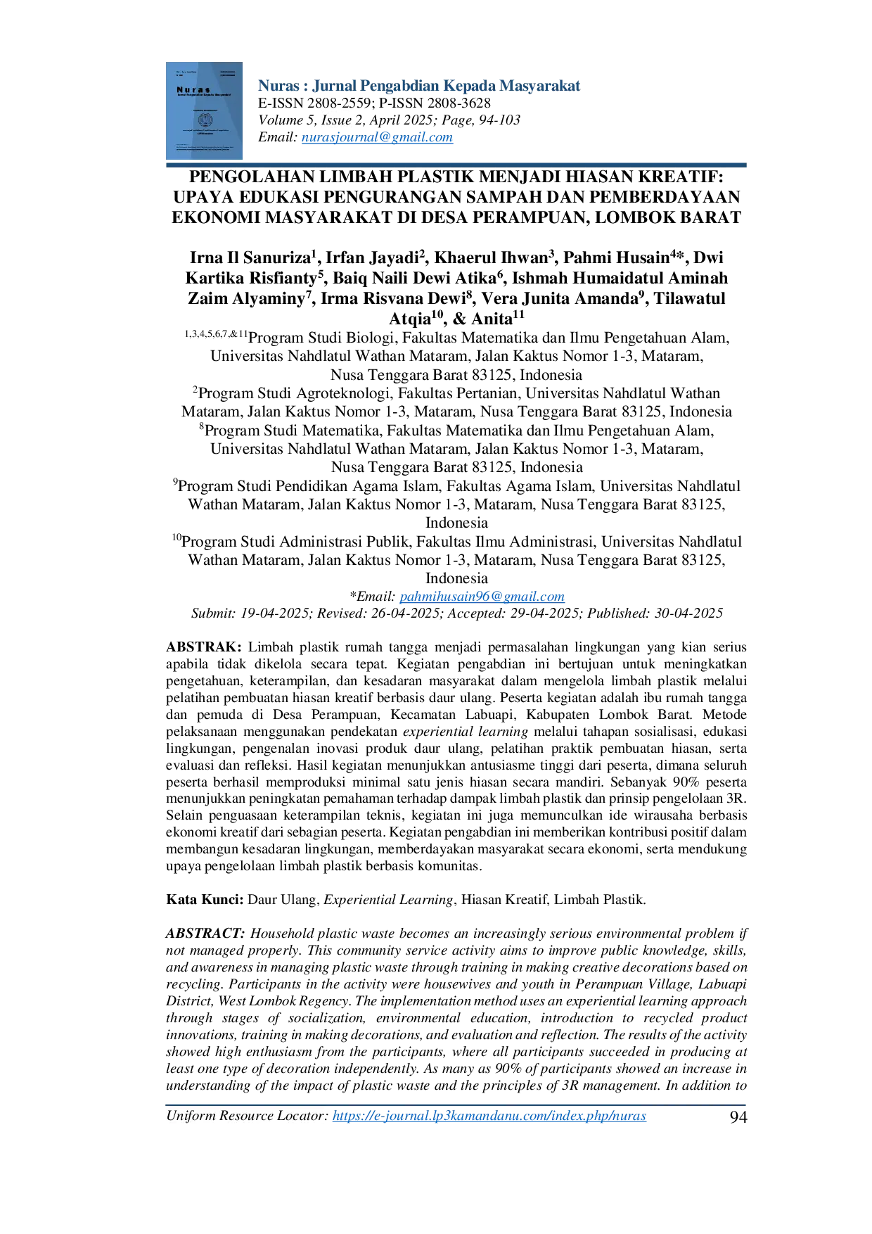 JURIS Pengolahan Limbah Plastik Menjadi Hiasan Kreatif Upaya Edukasi Pengurangan Sampah dan Pemberdayaan Ekonomi Masyarakat di Desa Perampuan Lombok Barat