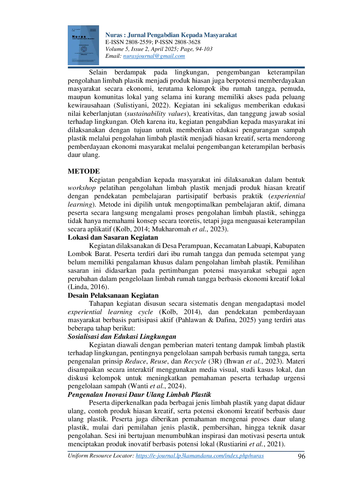 JURIS Pengolahan Limbah Plastik Menjadi Hiasan Kreatif Upaya Edukasi Pengurangan Sampah dan Pemberdayaan Ekonomi Masyarakat di Desa Perampuan Lombok Barat