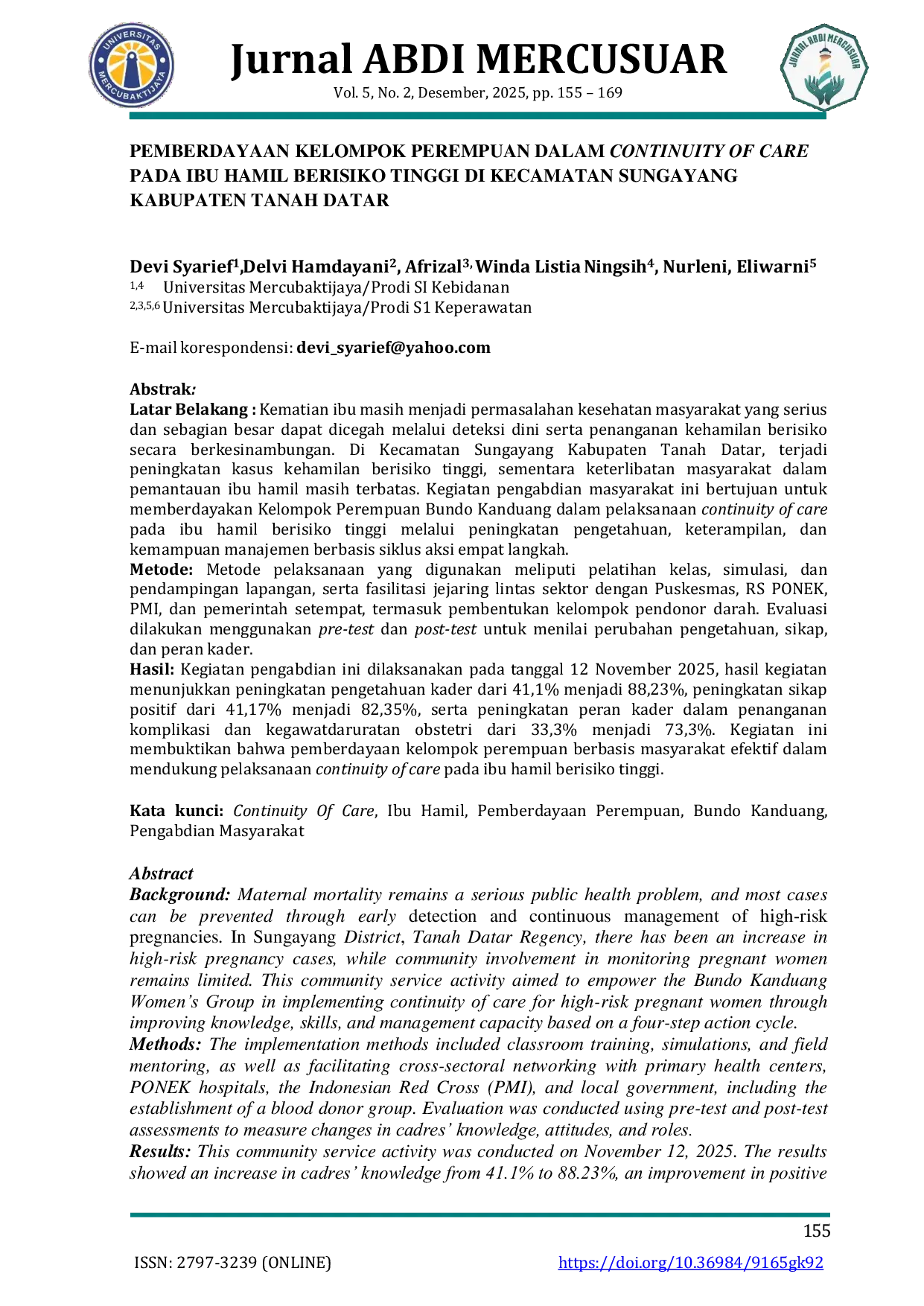 JURIS Empowerment of Women s Groups in the Continuity of Care for High Risk Pregnant Women in Sungayang Subdistrict Tanah Datar Regency