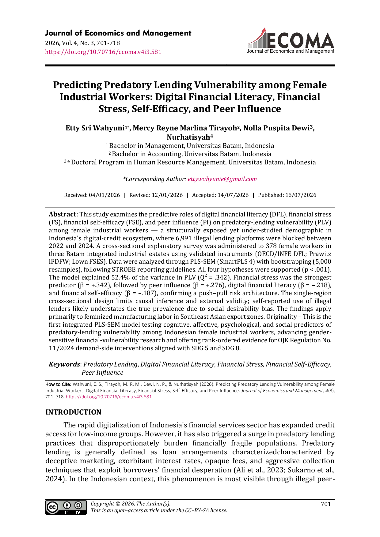JURIS Predicting Predatory Lending Vulnerability among Female Industrial Workers Digital Financial Literacy Financial Stress Self Efficacy and Peer Influence