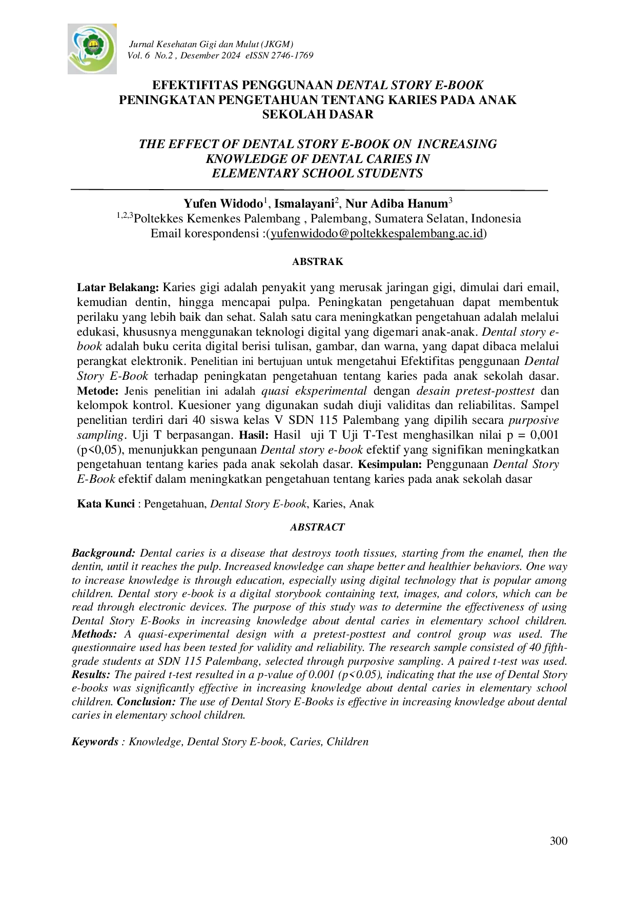 JURIS Efektifitas Penggunaan Dental Story E Book terhadap Peningkatan Pengetahuan tentang Karies pada Anak Sekolah Dasar