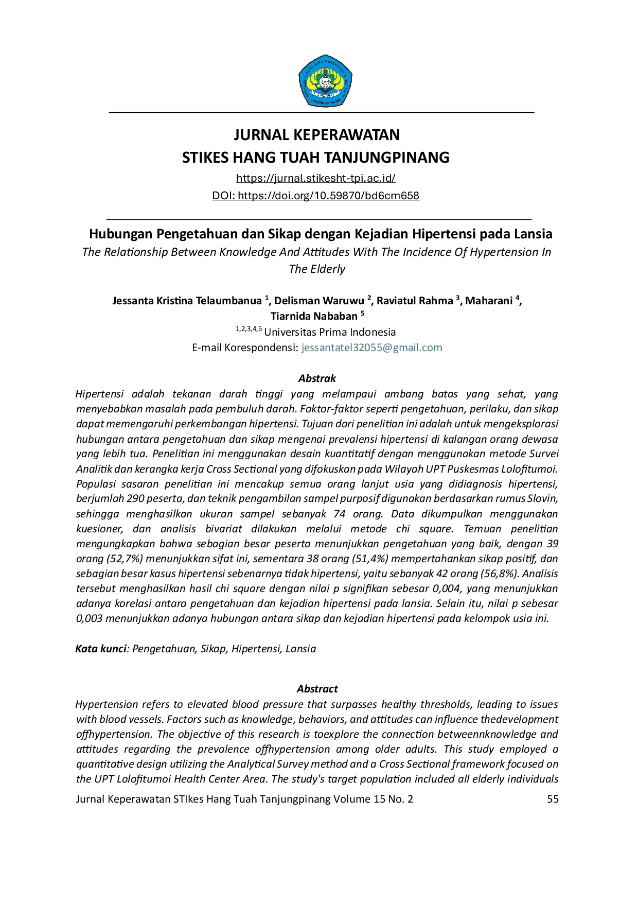 JURIS Hubungan Pengetahuan dan Sikap dengan Kejadian Hipertensi pada Lansia