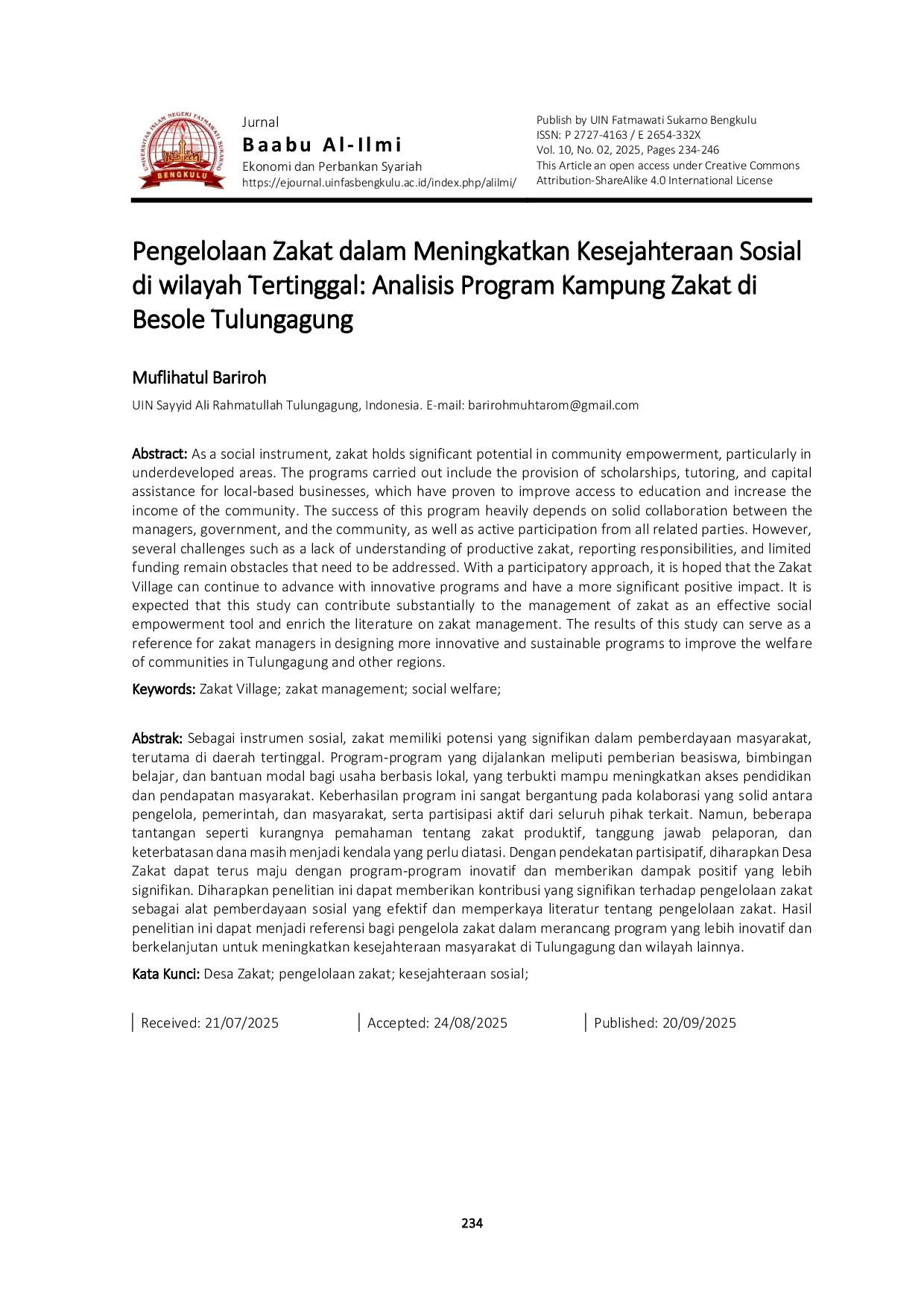 JURIS Pengelolaan Zakat dalam Meningkatkan Kesejahteraan Sosial di wilayah Tertinggal Analisis Program Kampung Zakat di Besole Tulungagung