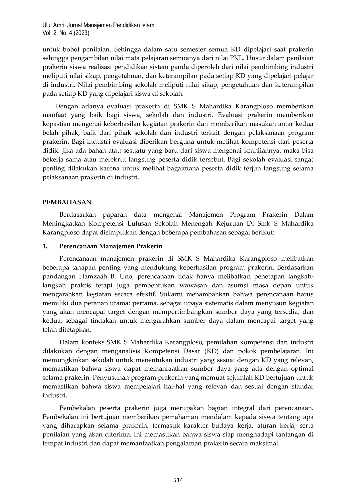 JURIS Manajemen Program Prakerin Dalam Meningkatkan Kompetensi Lulusan Sekolah Menengah Kejuruan