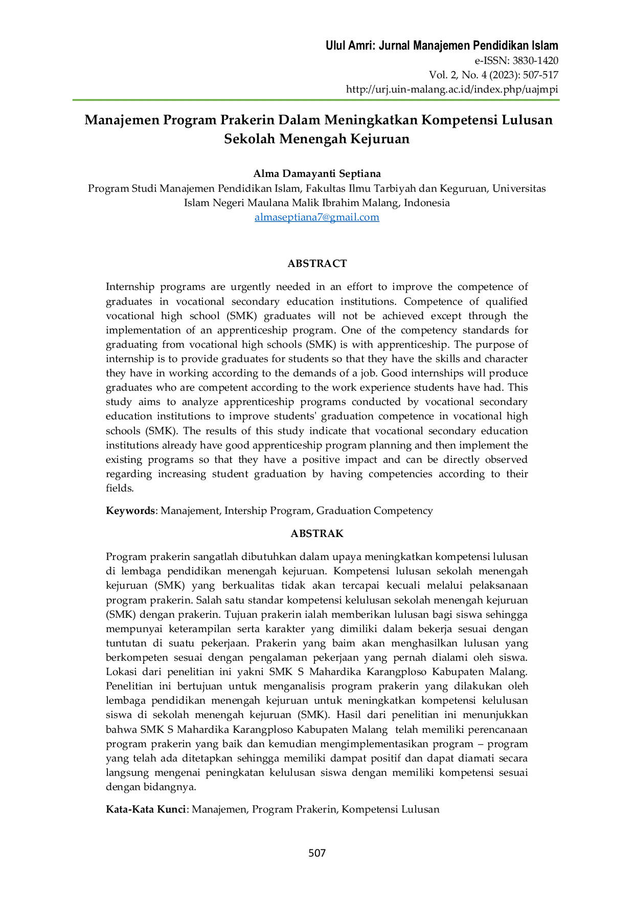 JURIS Manajemen Program Prakerin Dalam Meningkatkan Kompetensi Lulusan Sekolah Menengah Kejuruan