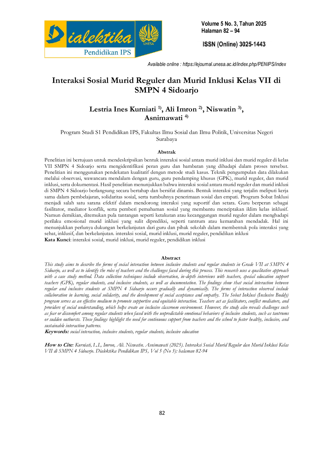 JURIS Interaksi Sosial Murid Reguler dan Murid Inklusi Kelas VII di SMPN 4 Sidoarjo