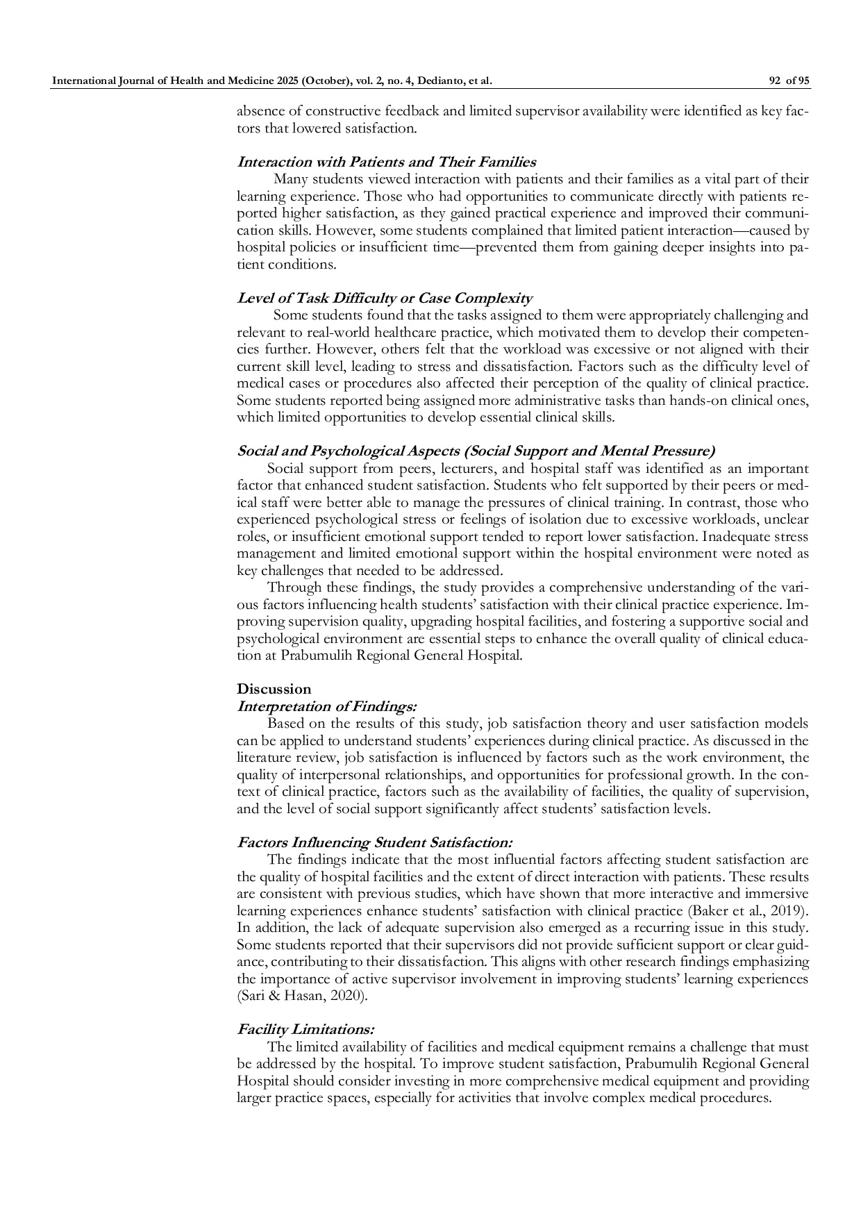 JURIS Health Students Satisfaction Level with Clinical Practice Experience at Prabumulih City General Hospital