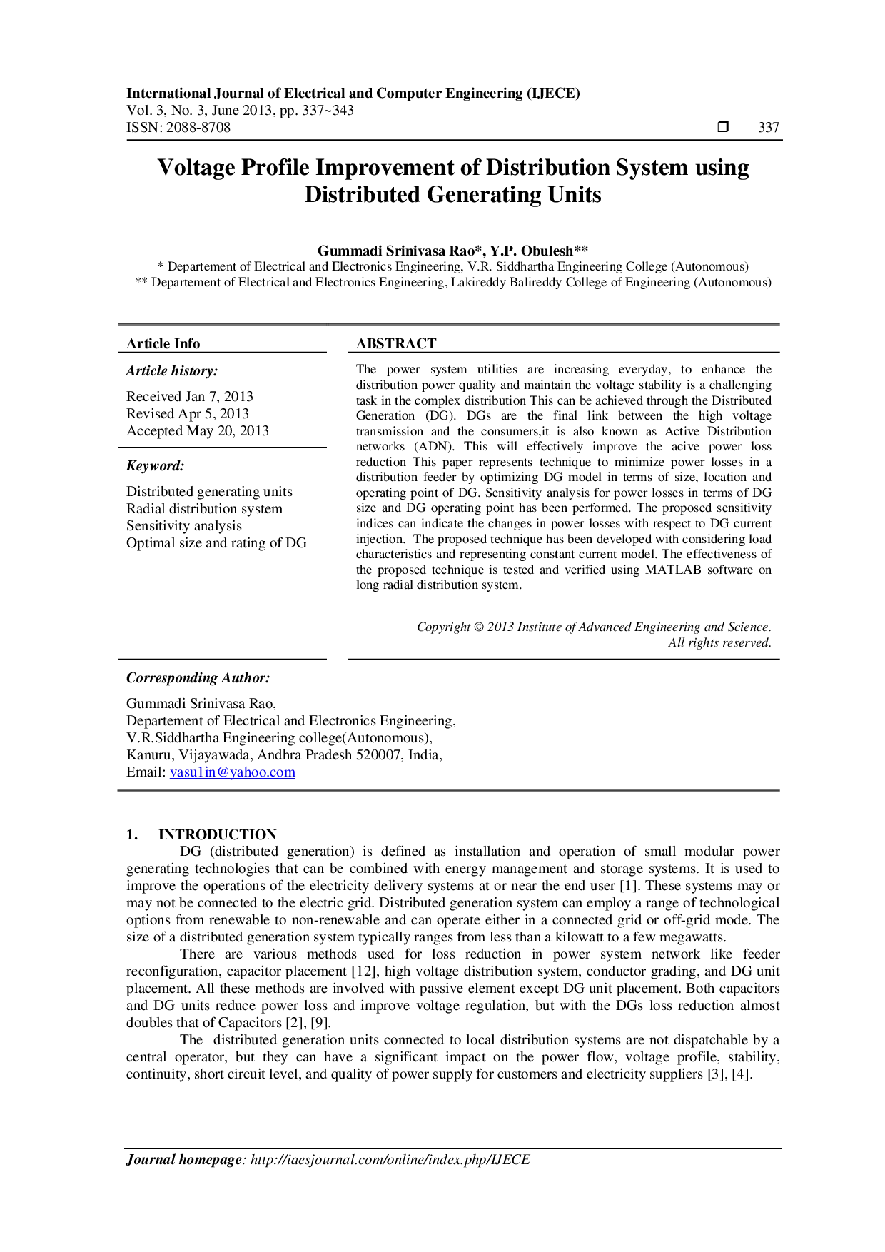 JURIS Voltage Profile Improvement of Distribution System using Distributed Generating Units