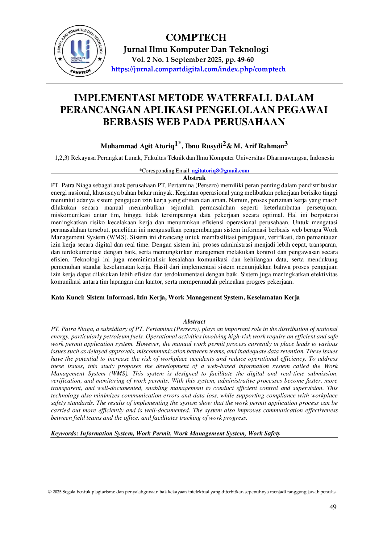 JURIS Implementasi Metode Waterfall Dalam Perancangan Aplikasi Pengelolaan Pegawai Berbasis Web Pada Perusahaan