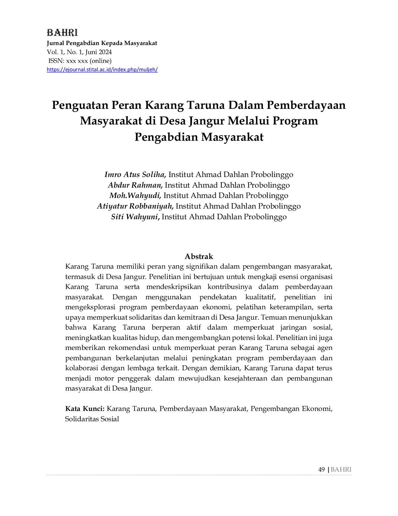 JURIS Penguatan Peran Karang Taruna Dalam Pemberdayaan Masyarakat Di Desa Jangur Melalui Program Pengabdian Masyarakat